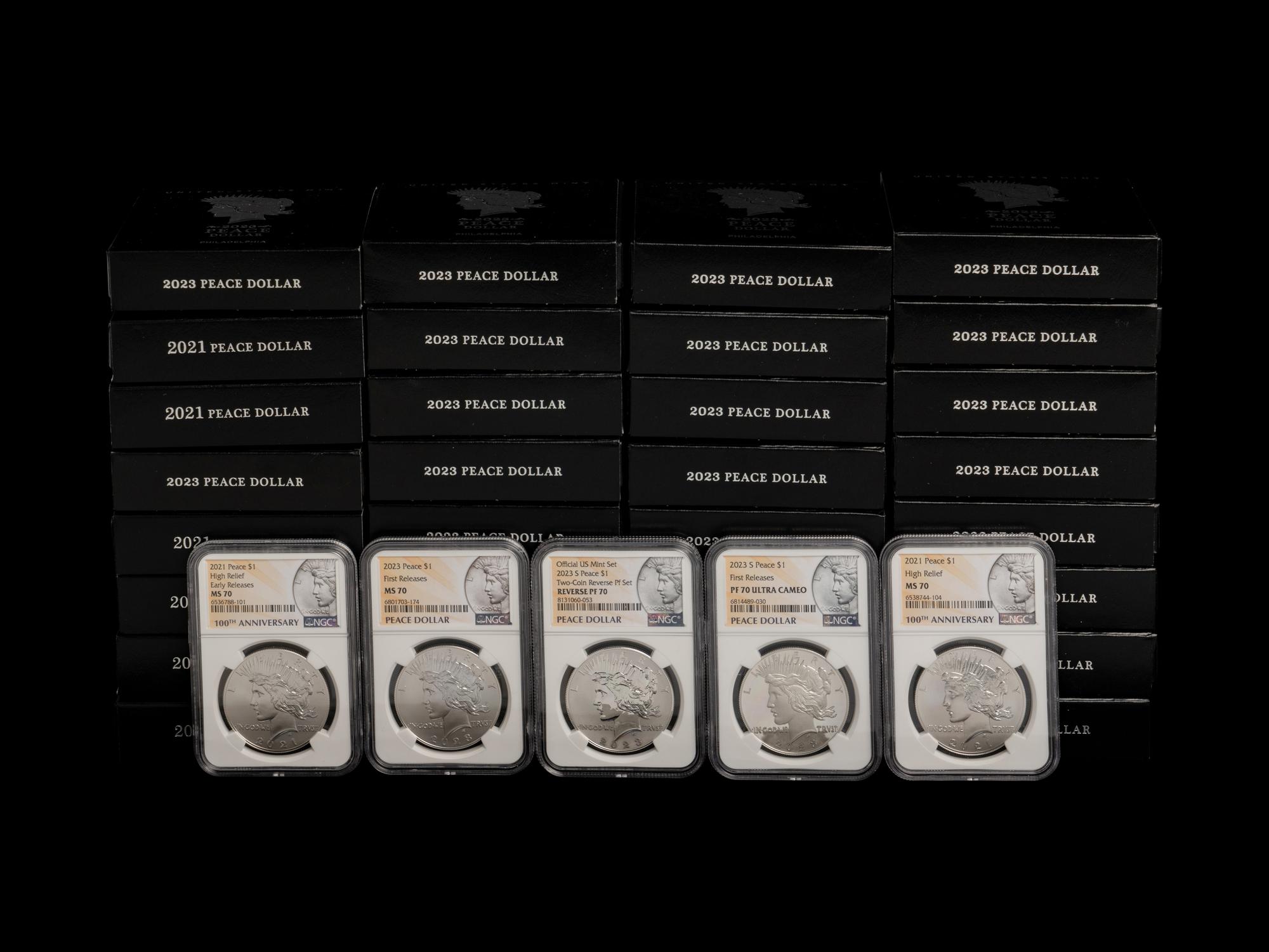 A Collection of Thirty-Seven Peace Commemorative $1 Proof and Mint Coins