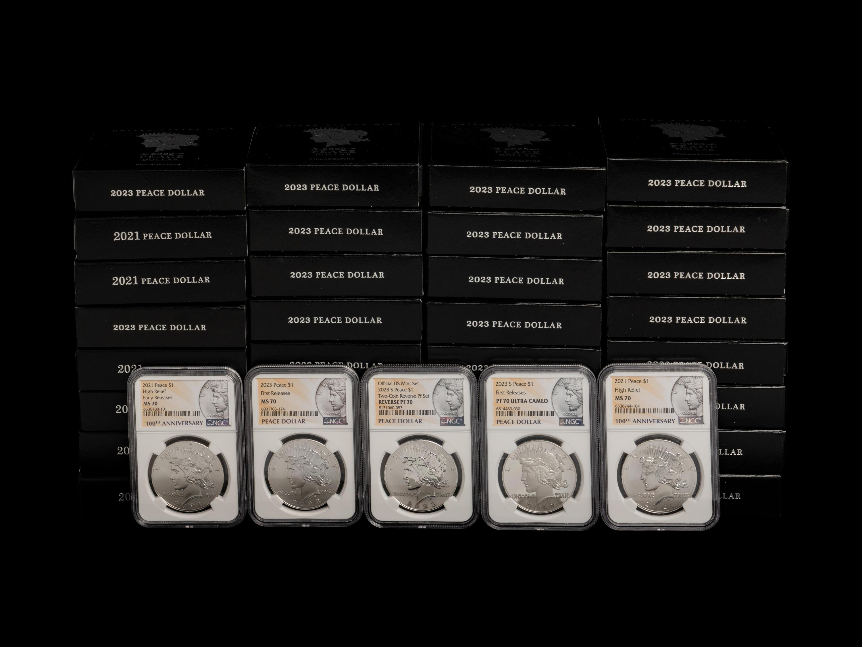 A Collection of Thirty-Seven Peace Commemorative $1 Proof and Mint Coins
