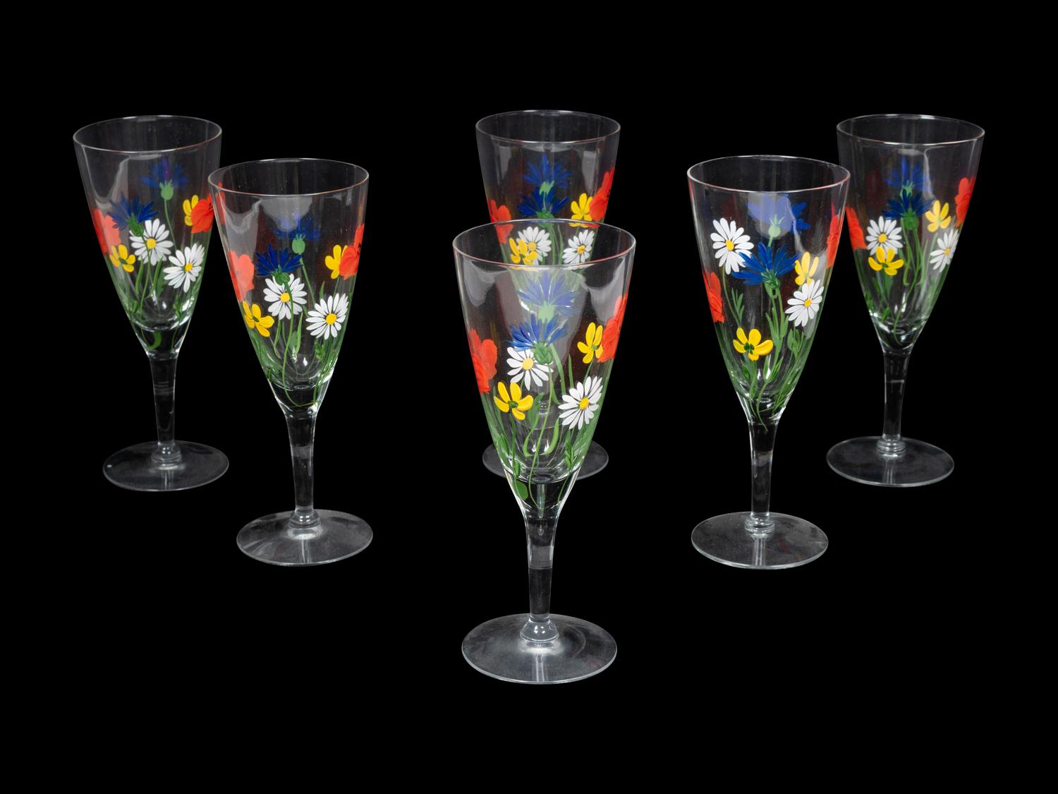 A Group of Seven Enameled Glass Stemware Articles