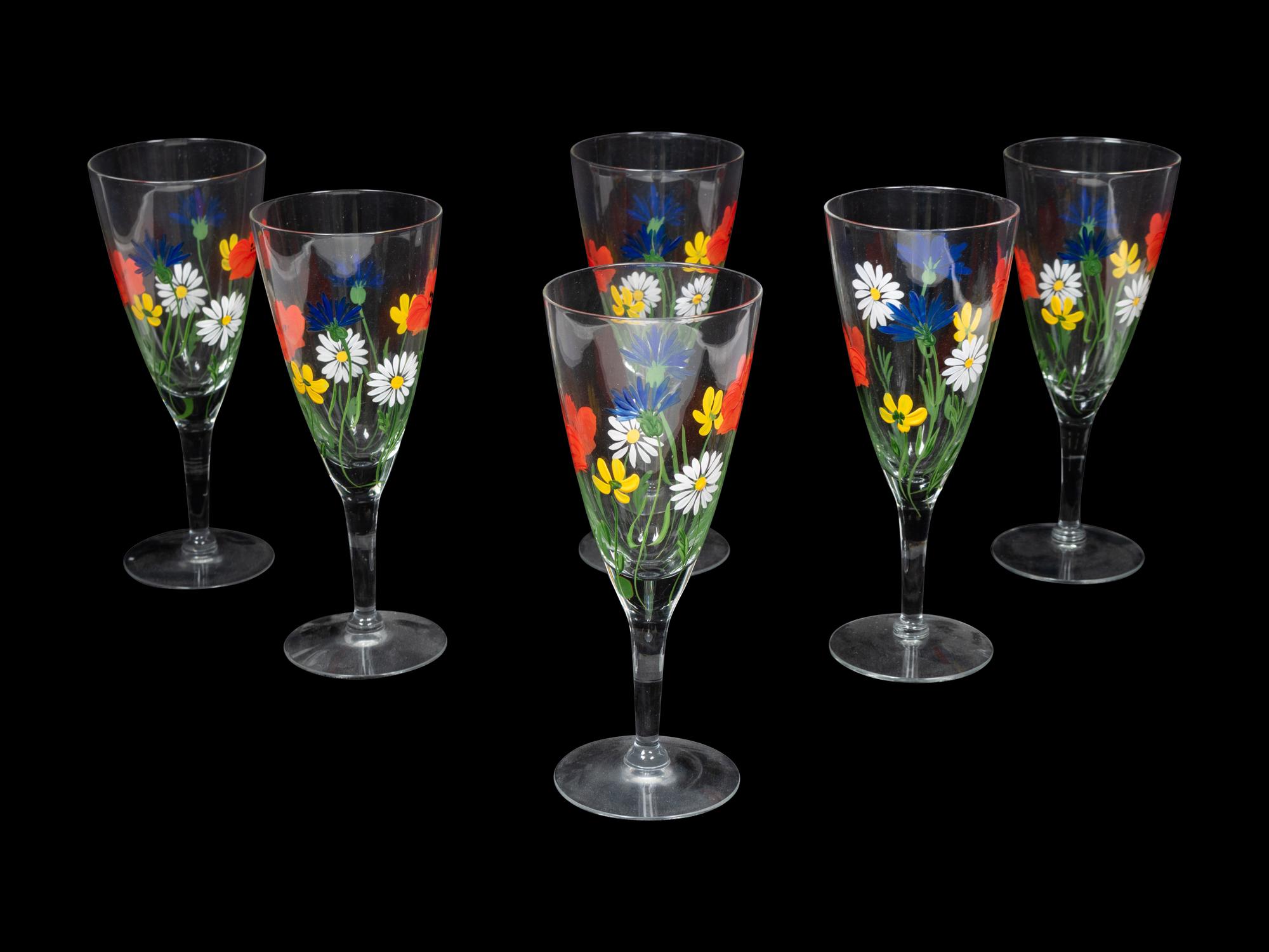 A Group of Seven Enameled Glass Stemware Articles