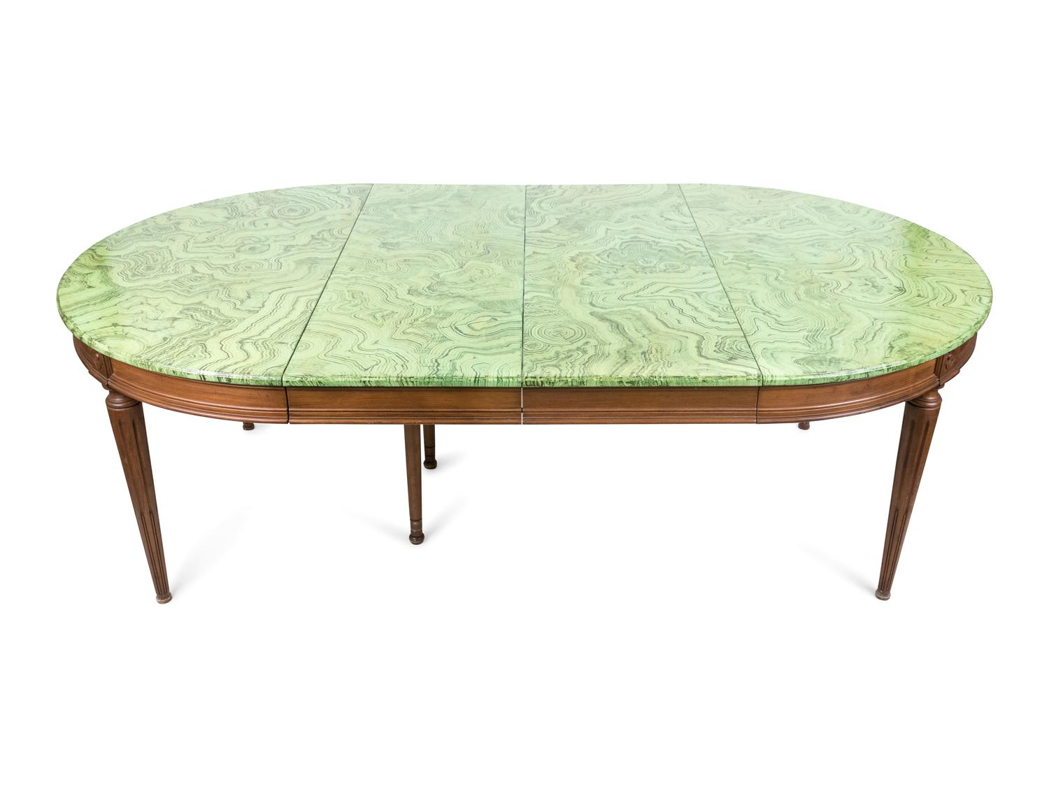 A Painted Faux-Malachite Top and Mahogany Dining Room Table — 20TH CENTURY