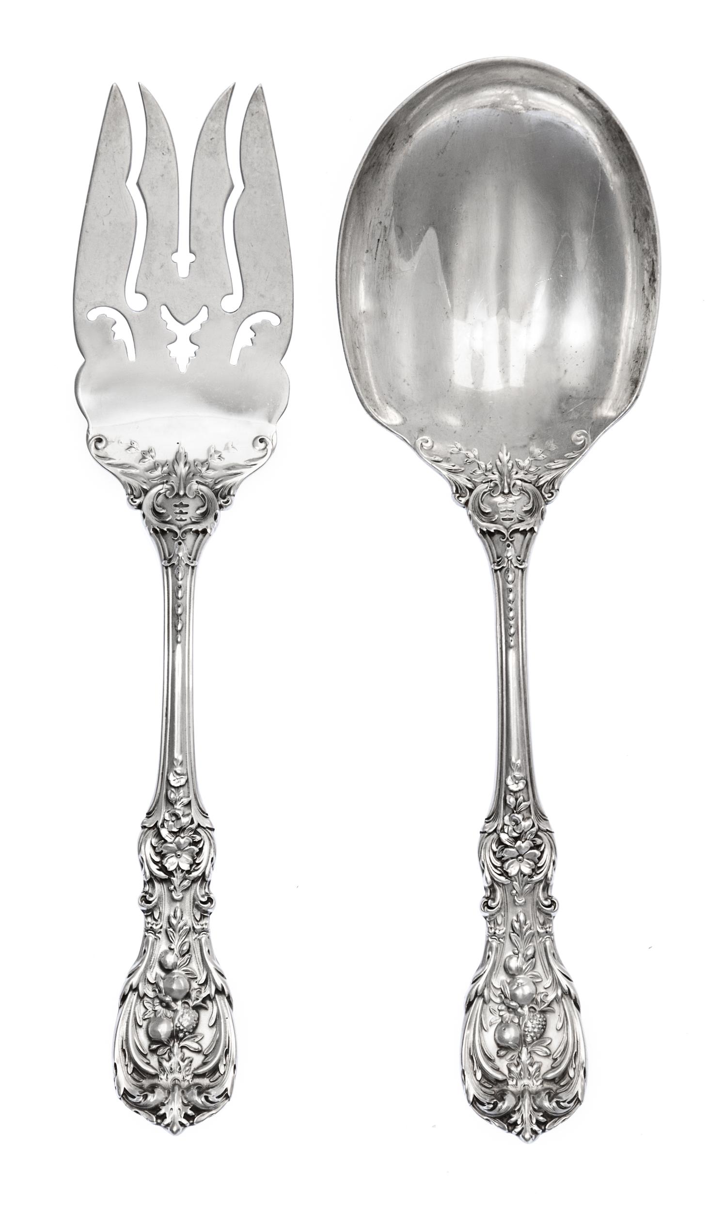 An American Silver Salad Serving Set, Reed & Barton, Taunton, MA, Francis I pattern, comprising a fork and a spoon.