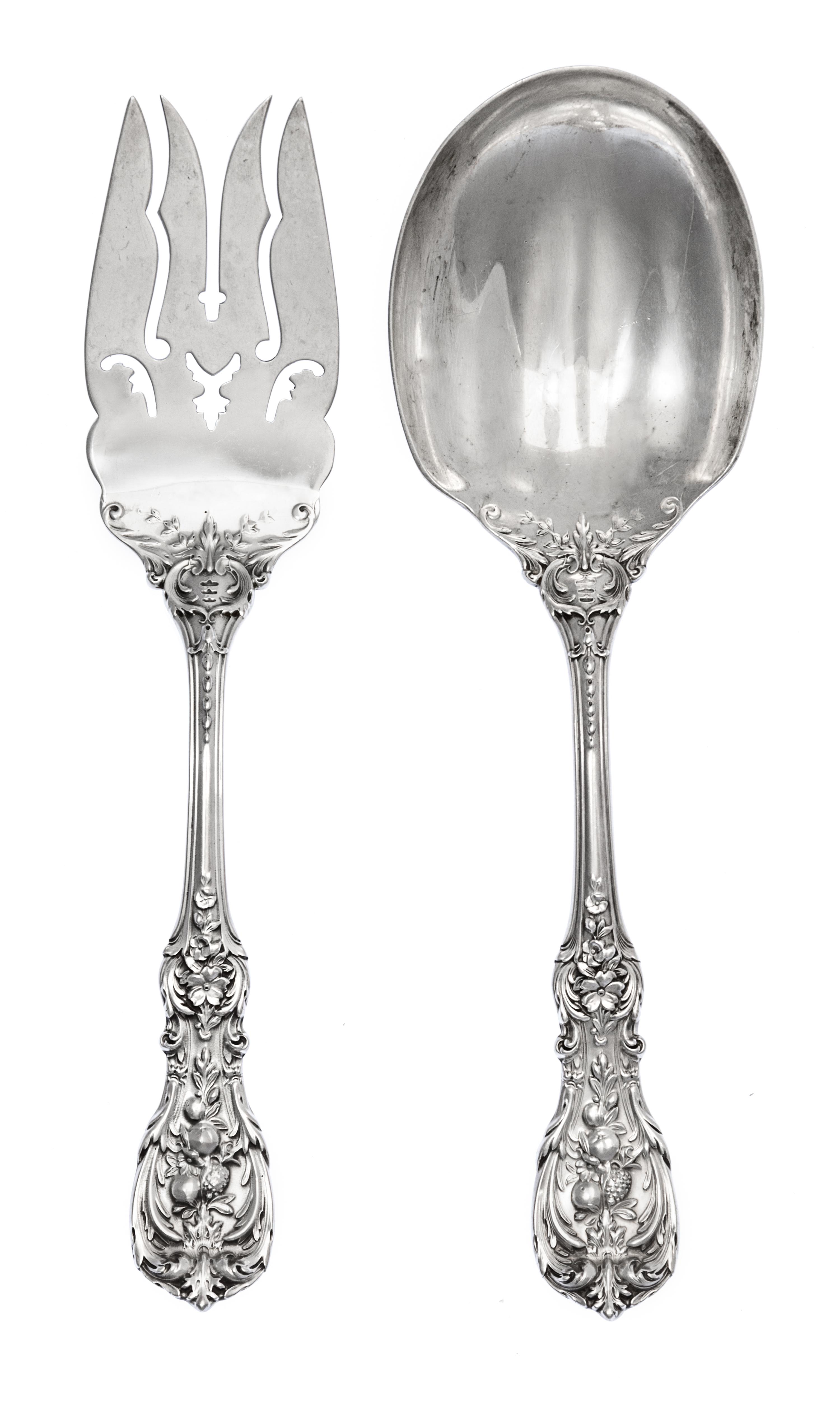 An American Silver Salad Serving Set, Reed & Barton, Taunton, MA, Francis I pattern, comprising a fork and a spoon.