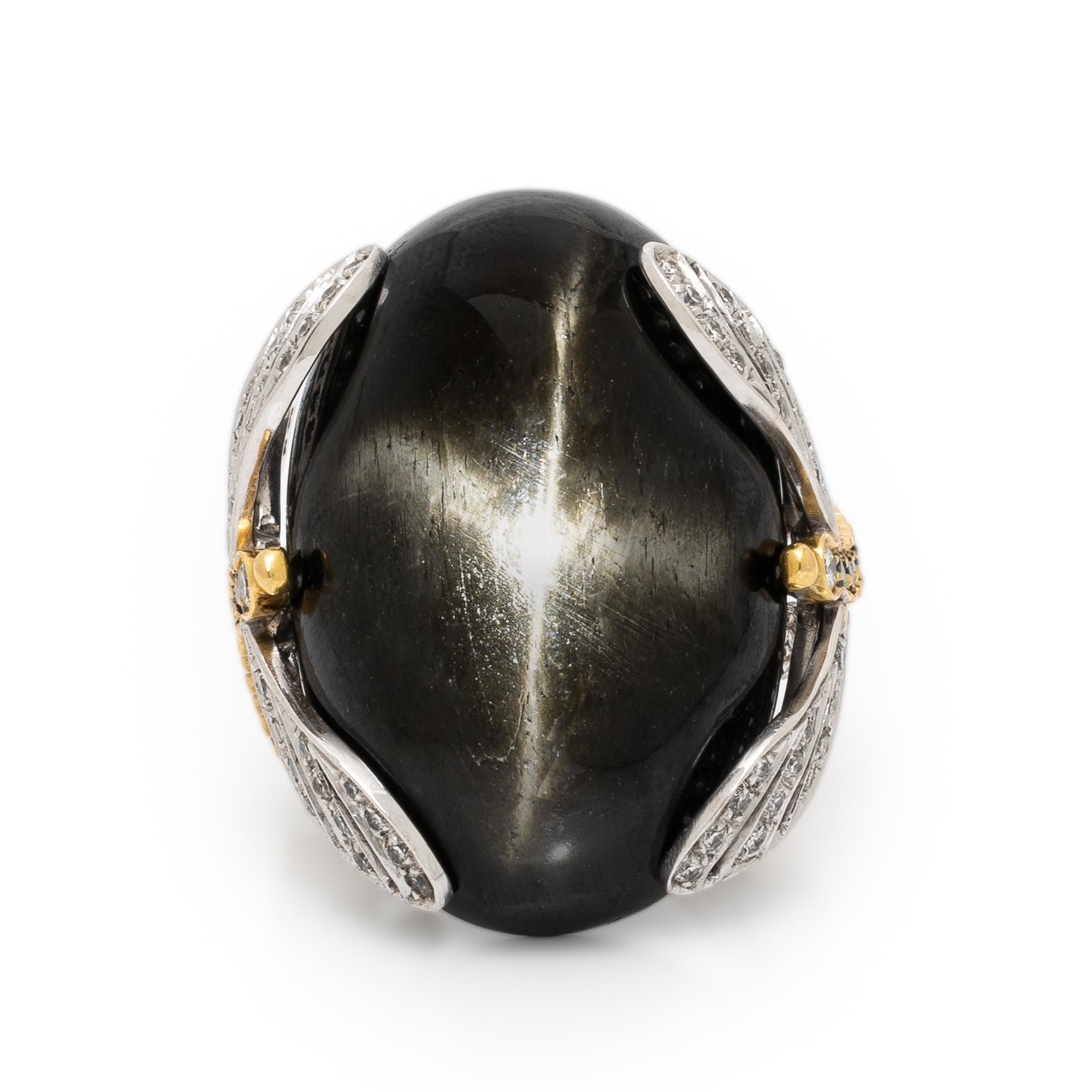 Chantecler, Black Star Diopside, Diamond, and Emerald Dragonfly Ring