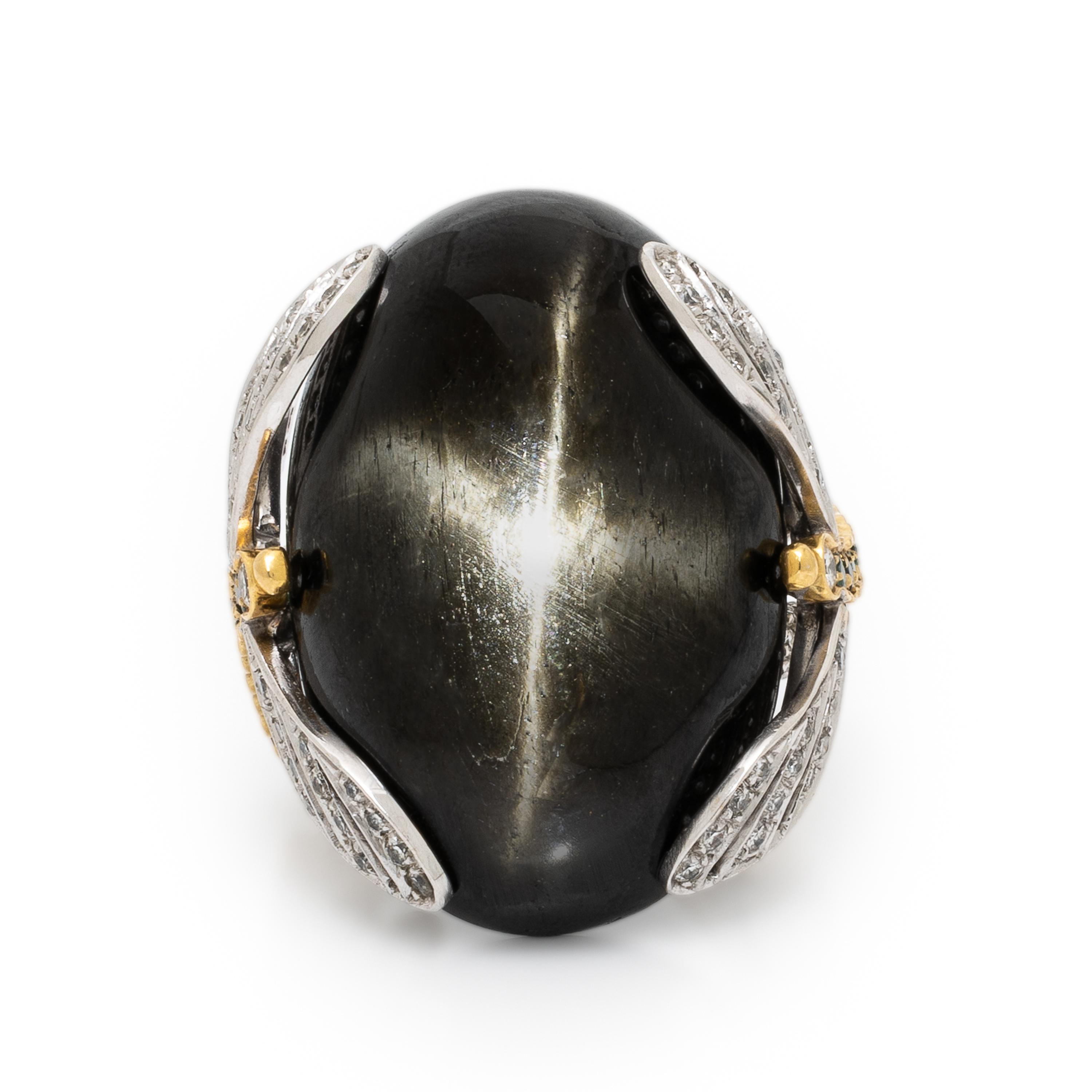 Chantecler, Black Star Diopside, Diamond, and Emerald Dragonfly Ring