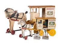 Two Borden’s Painted Wood and Lithographed Horse Drawn Milk Carriages