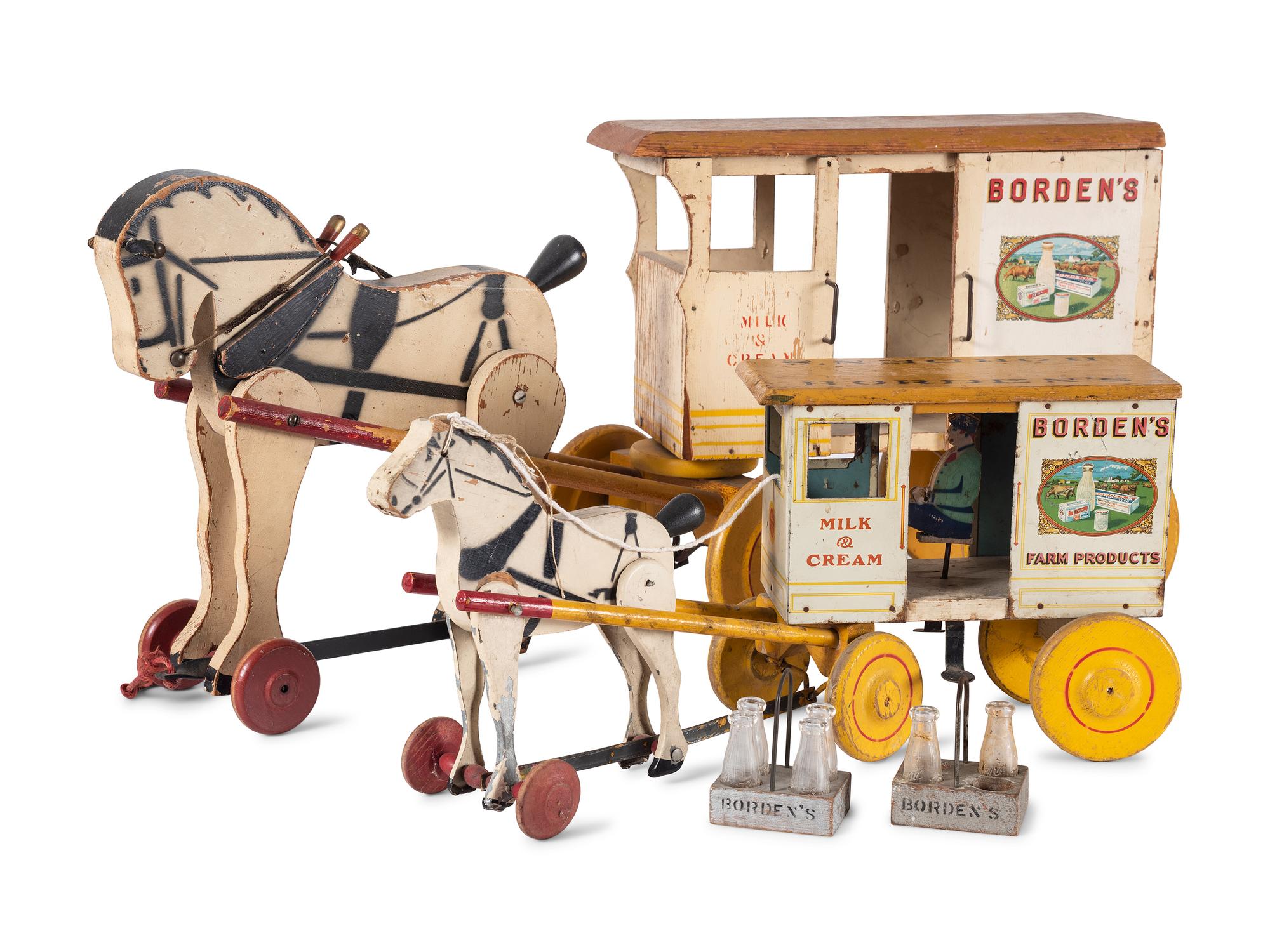 Two Borden’s Painted Wood and Lithographed Horse Drawn Milk Carriages