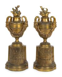 A Pair of French Neoclassical 'Flaming Urn' Gilt Bronze Urn Book End Ornaments