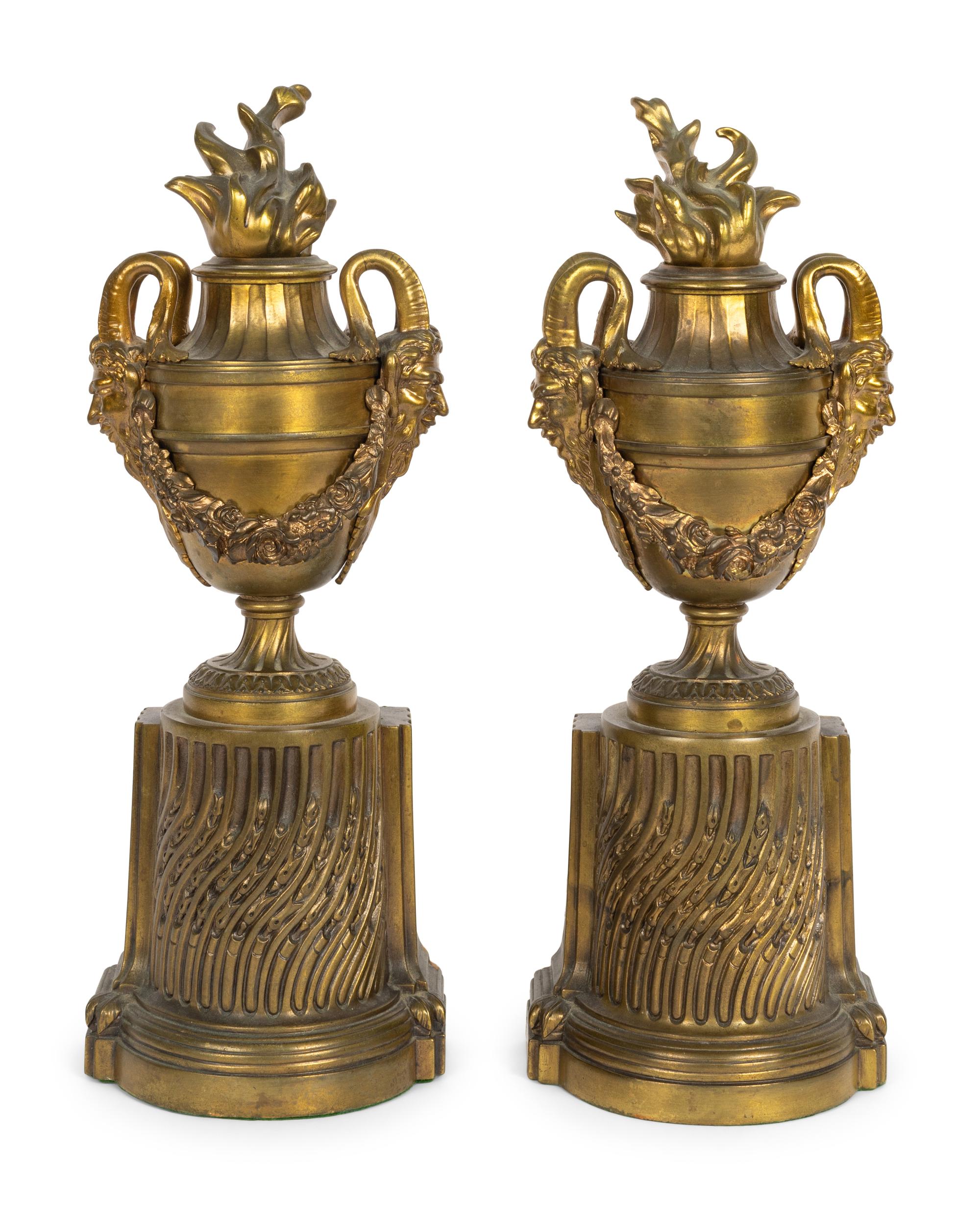 A Pair of French Neoclassical 'Flaming Urn' Gilt Bronze Urn Book End Ornaments