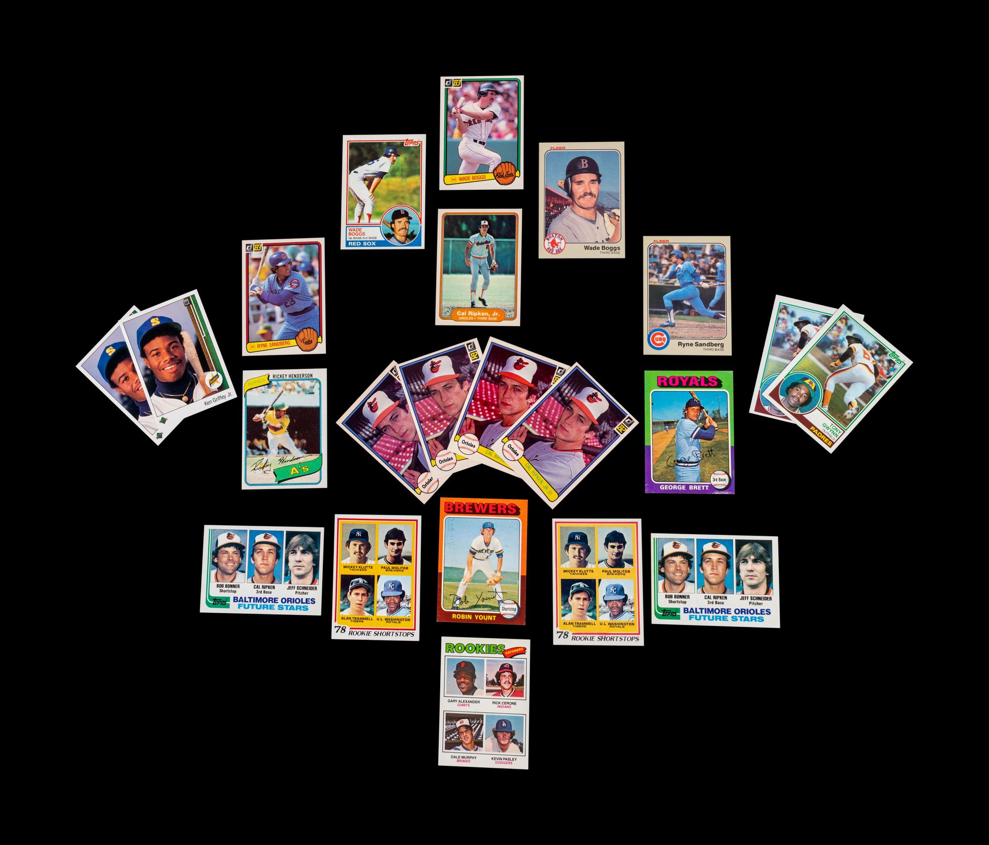 A Group of 22 Hall of Fame and Star Rookie Baseball Cards Including Cal Ripken Jr., Rickey Henderson and Ken Griffey Jr.,