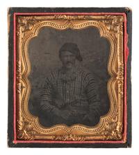 [CIVIL WAR]. Sixth plate tintype of a hearty fellow displaying a Model 1849 Colt pocket revolver and a sheathed Bowie knife.