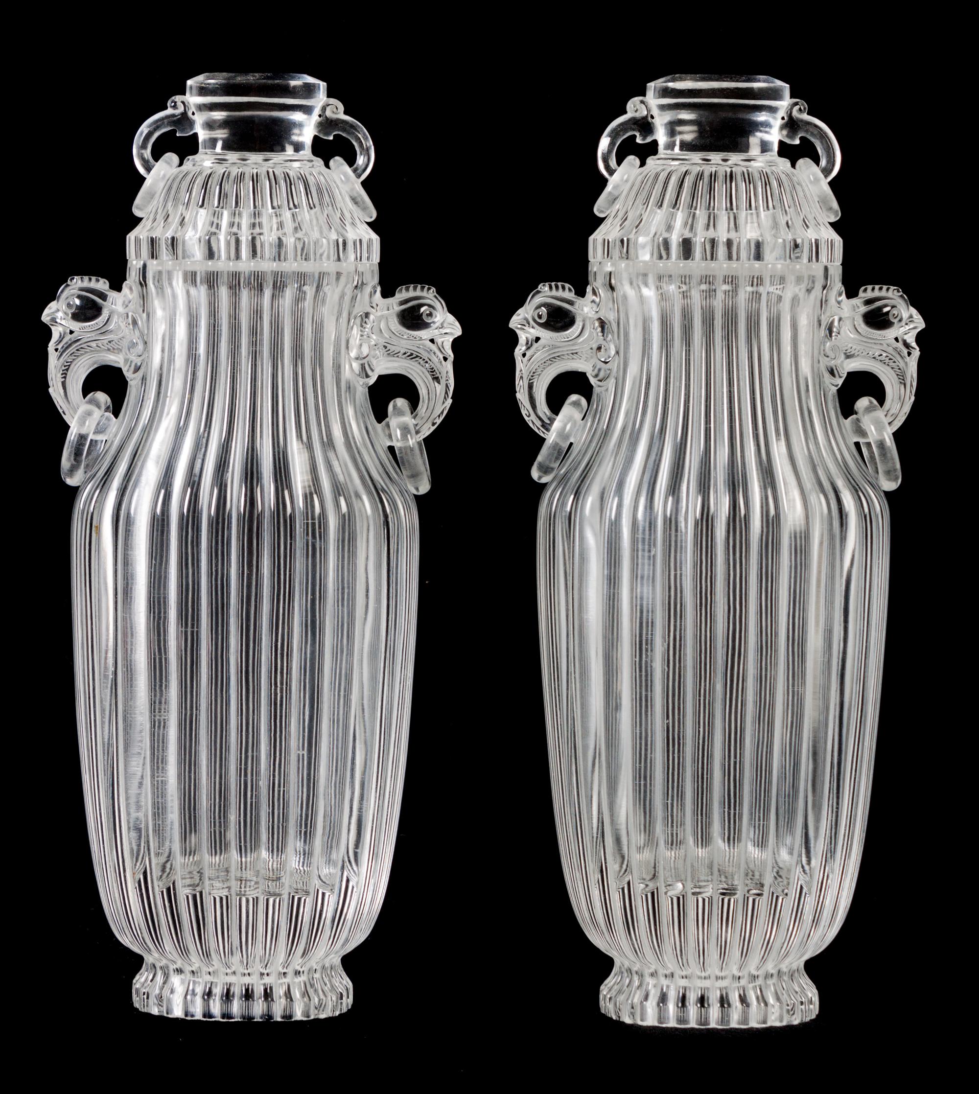 A Pair of Chinese Carved Rock Crystal Urns Height 10 inches. — 20TH CENTURY