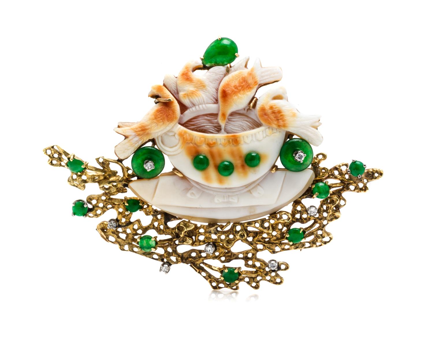 A Yellow Gold, Shell Cameo, Jade and Diamond Pendant/Brooch, 12.10 dwts.