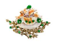 A Yellow Gold, Shell Cameo, Jade and Diamond Pendant/Brooch, 12.10 dwts.