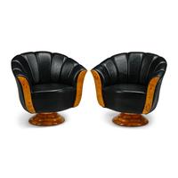 A Pair of Art Deco Style Burlwood and Faux Leather Armchairs