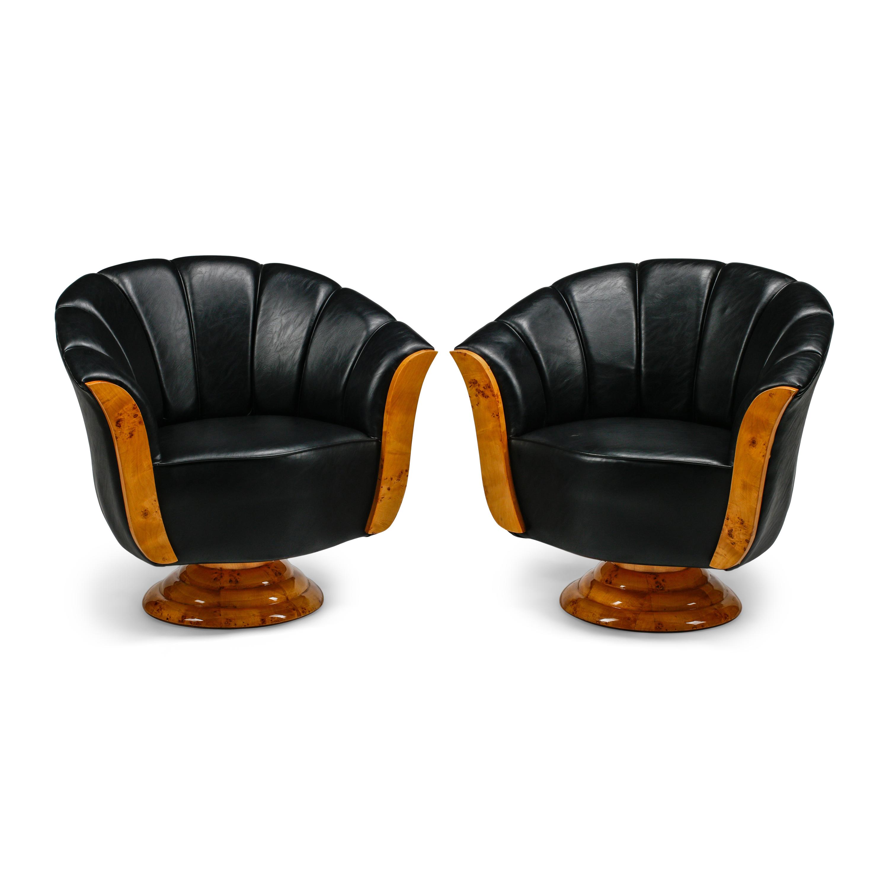 A Pair of Art Deco Style Burlwood and Faux Leather Armchairs