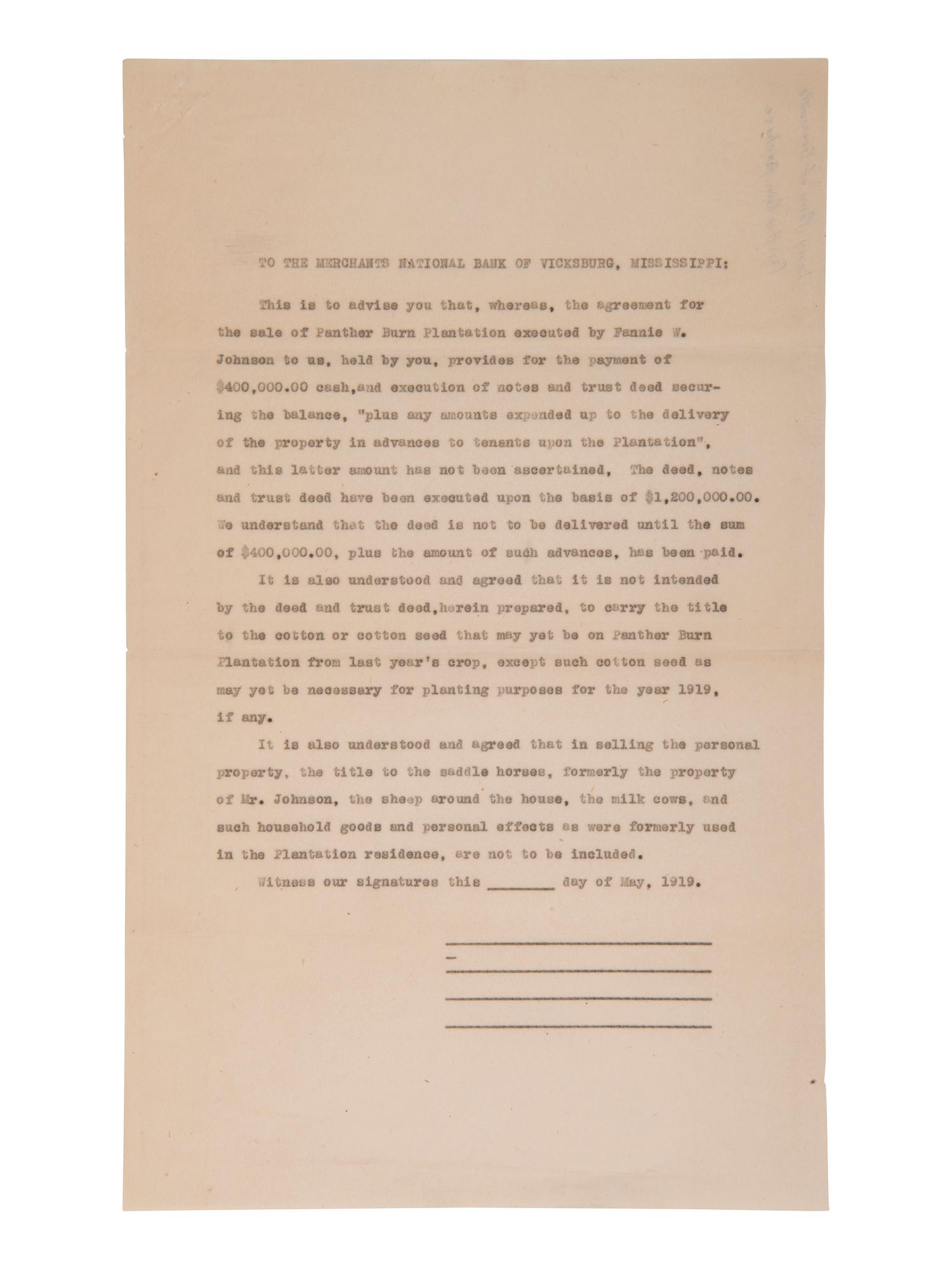 [MISSISSIPPI]. 1919 document ref. purchase of Panther Burn Plantation signed by LeRoy Percy.