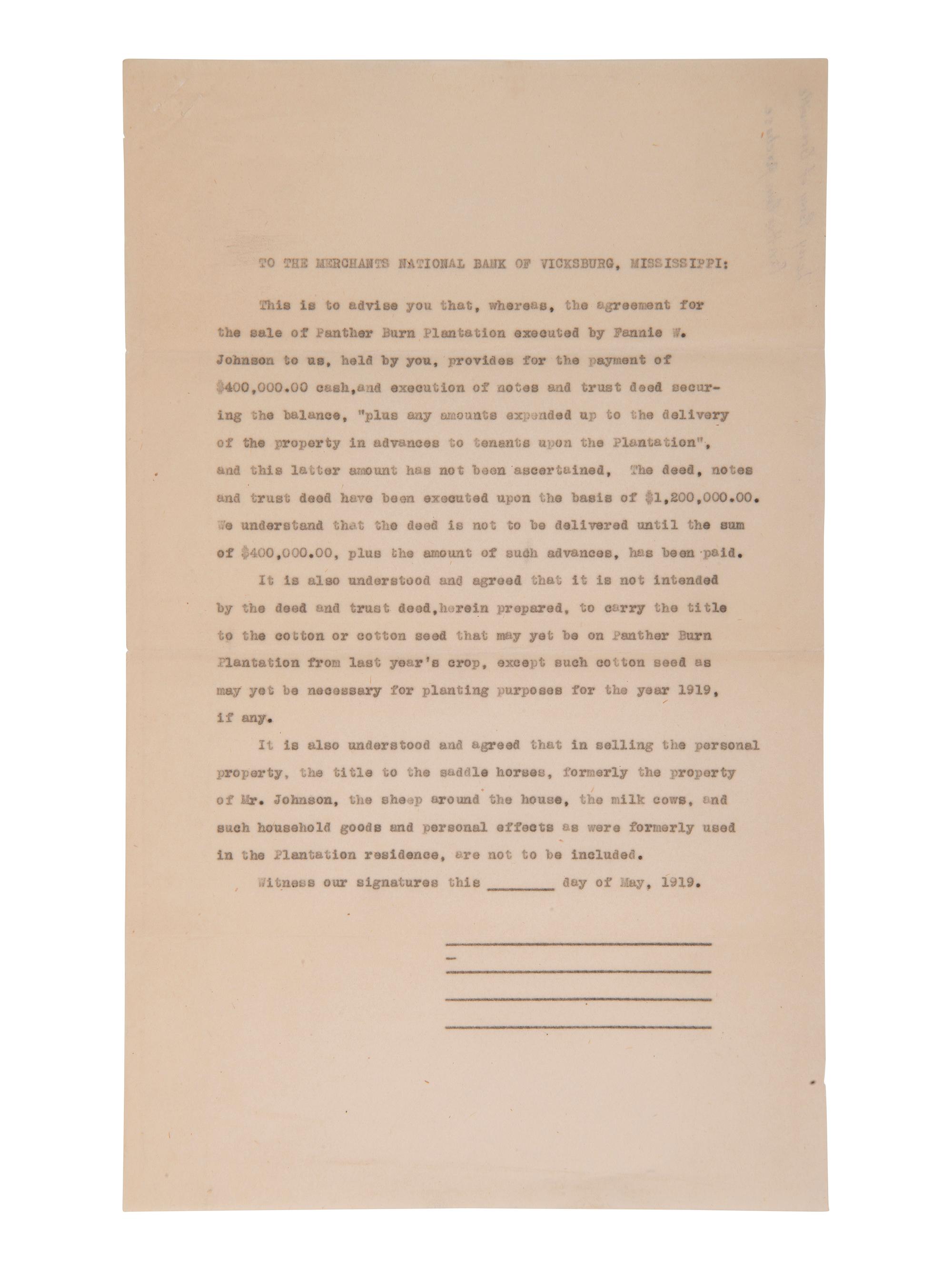 [MISSISSIPPI]. 1919 document ref. purchase of Panther Burn Plantation signed by LeRoy Percy.