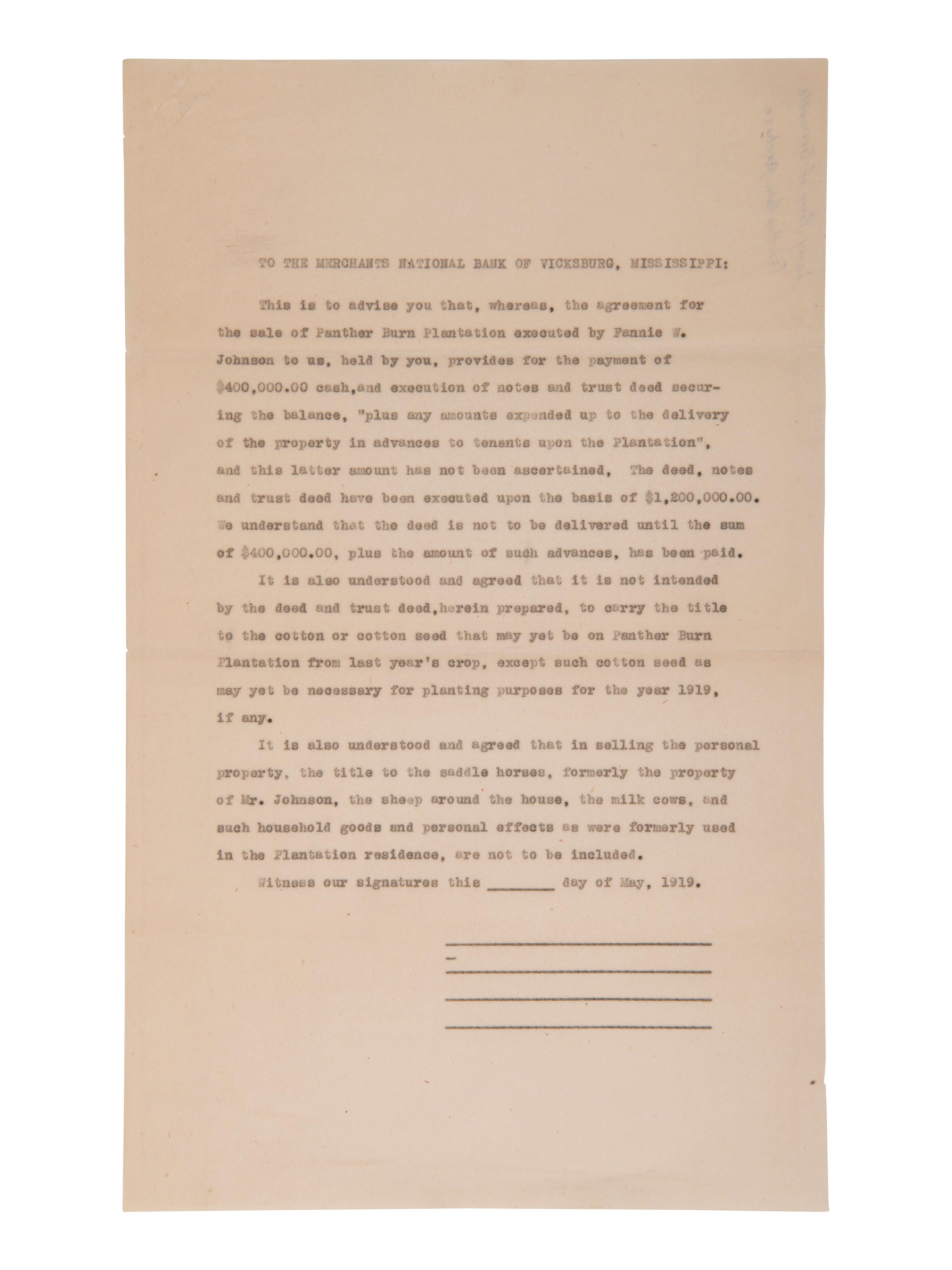 [MISSISSIPPI]. 1919 document ref. purchase of Panther Burn Plantation signed by LeRoy Percy.