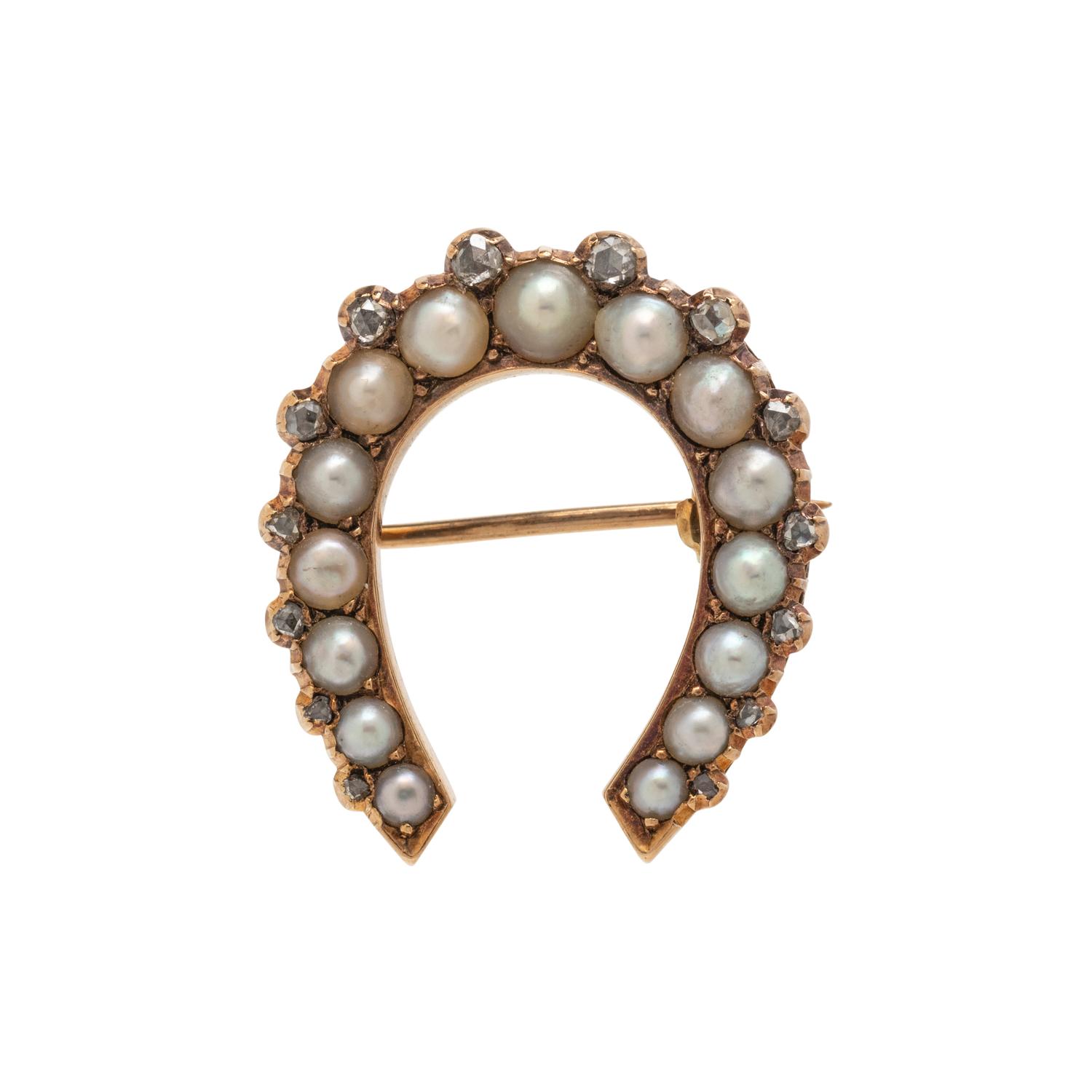 ANTIQUE, CULTURED PEARL AND DIAMOND HORSESHOE BROOCH