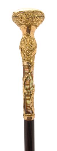 An American Chase and Embossed Gold-Filled Handled Walking Stick, Length of handle 6 7/8 x length overall 35 1/2 inches.