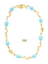 COLLECTION OF YELLOW GOLD AND BLUE STONE JEWELRY