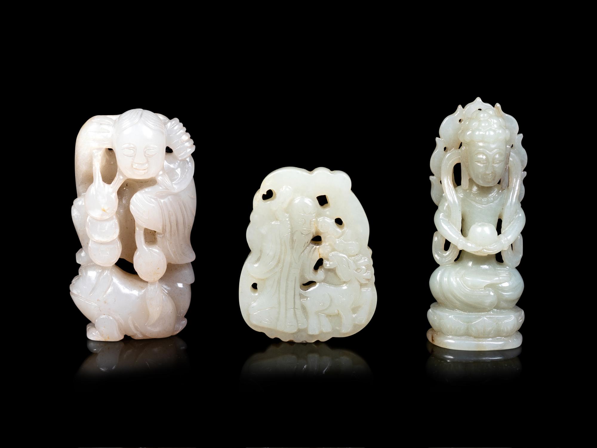 Three Chinese Celadon Jade Carved Figures of Immortals
