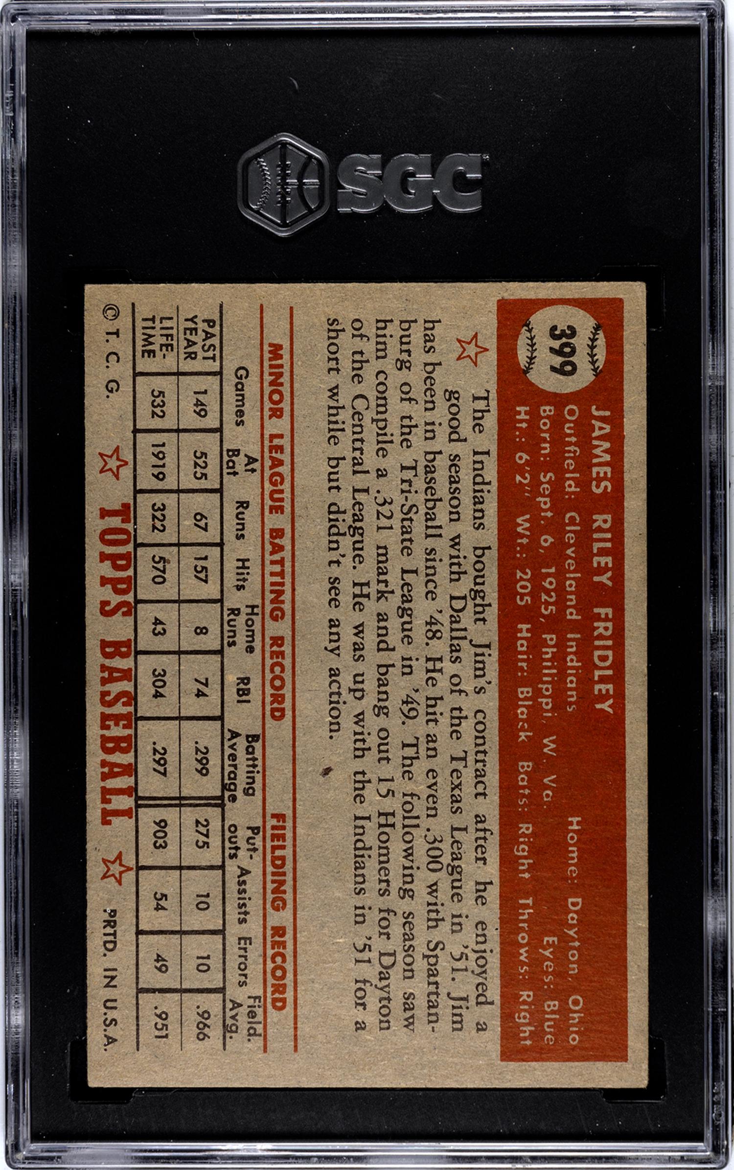 A 1952 Topps Jim Fridley High Number Baseball Card No. 399 (SGC 7 NM)