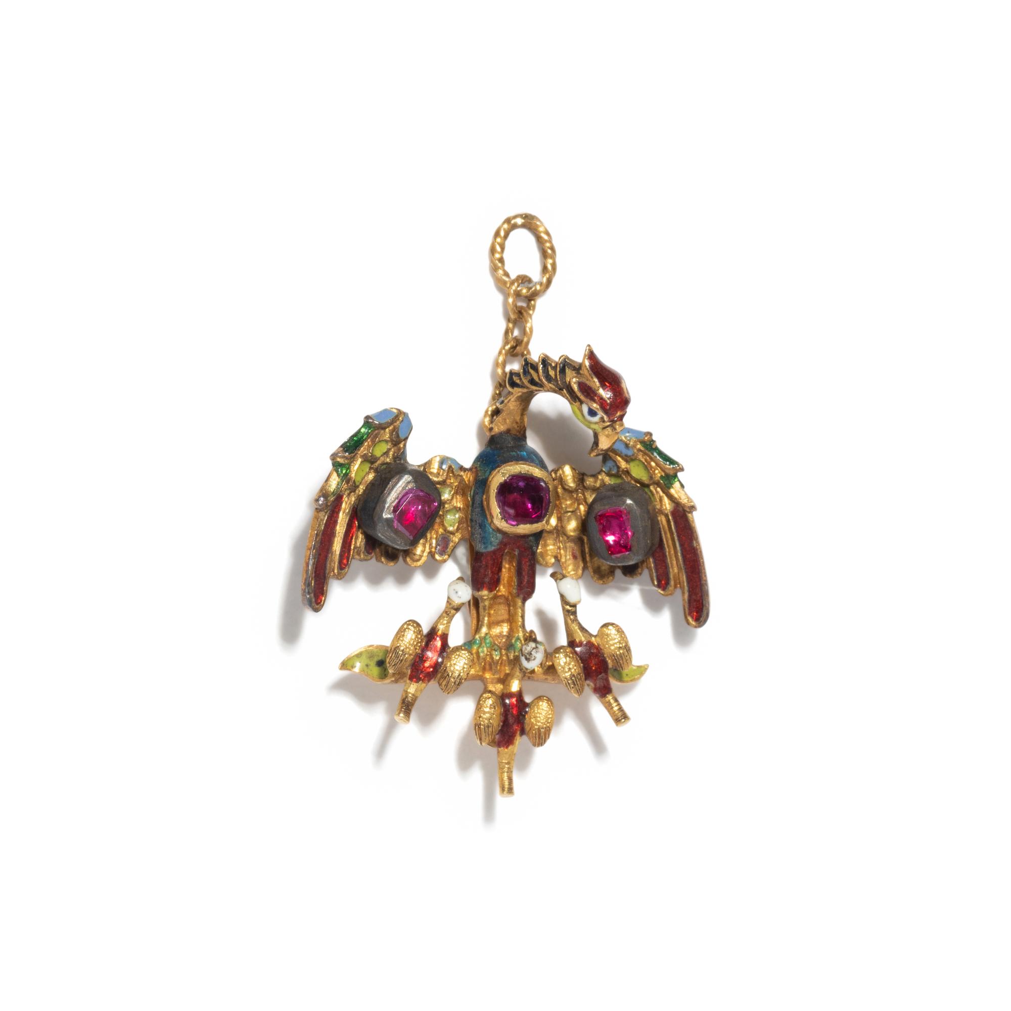 RENAISSANCE REVIVAL, YELLOW GOLD AND RUBY PHOENIX PENDANT