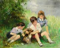 Three Children with a Dog