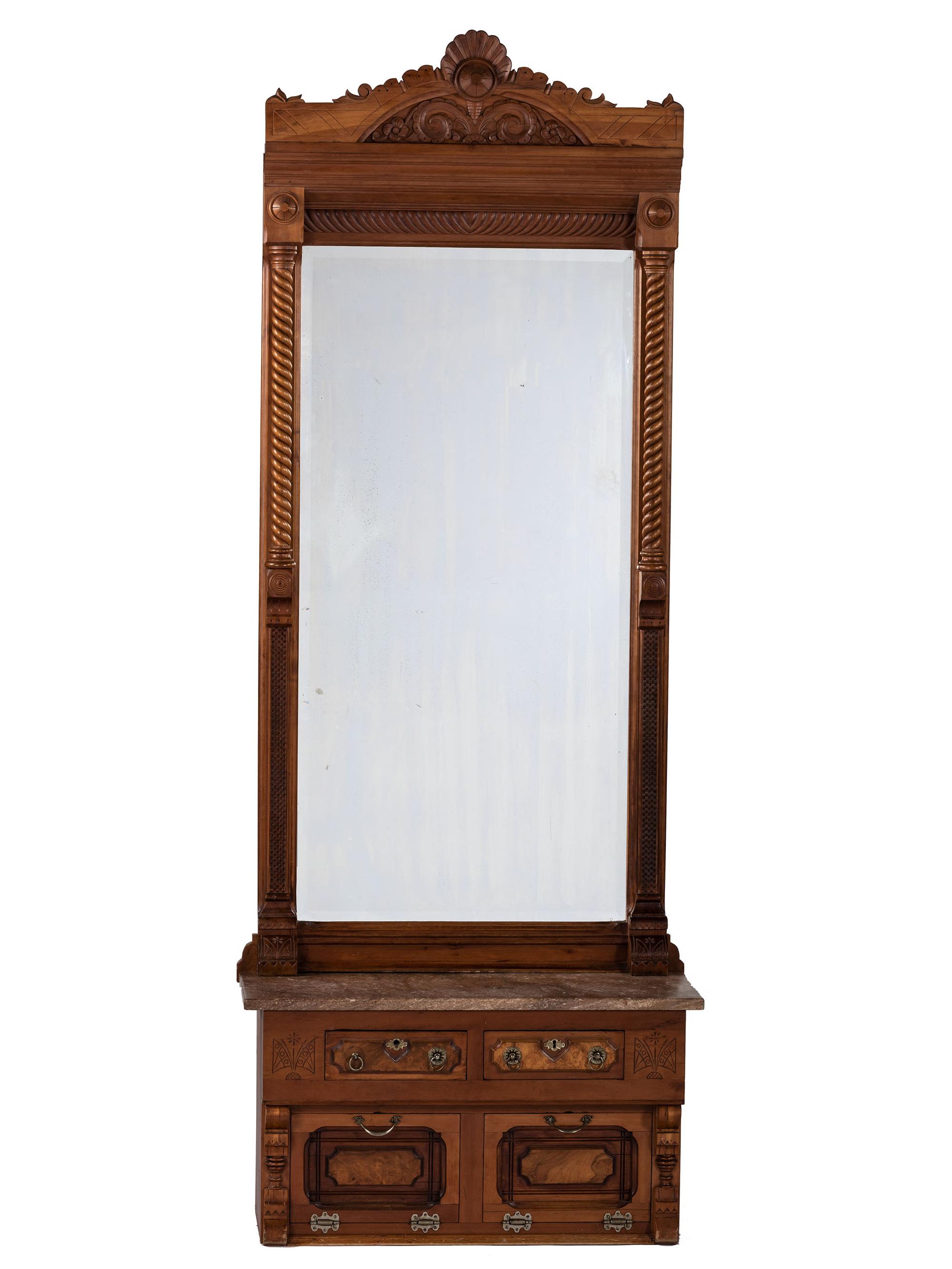 An Eastlake Style Hall Mirror with Marble Top Cabinet Base