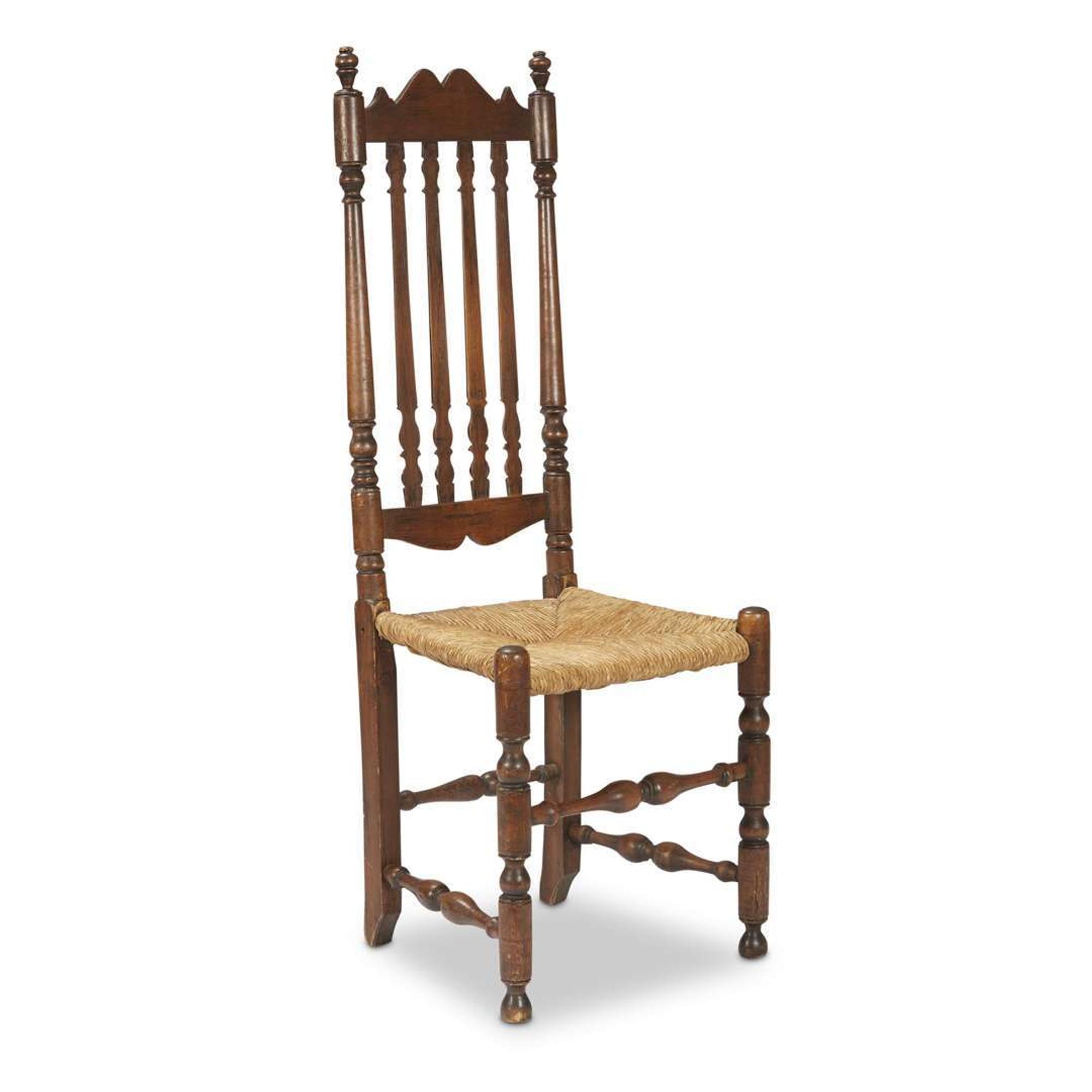 William & Mary turned walnut bannister-back rush seat side chair New England, circa 1730
