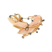 YELLOW GOLD, CORAL, SAPPHIRE AND DIAMOND FISH BROOCH