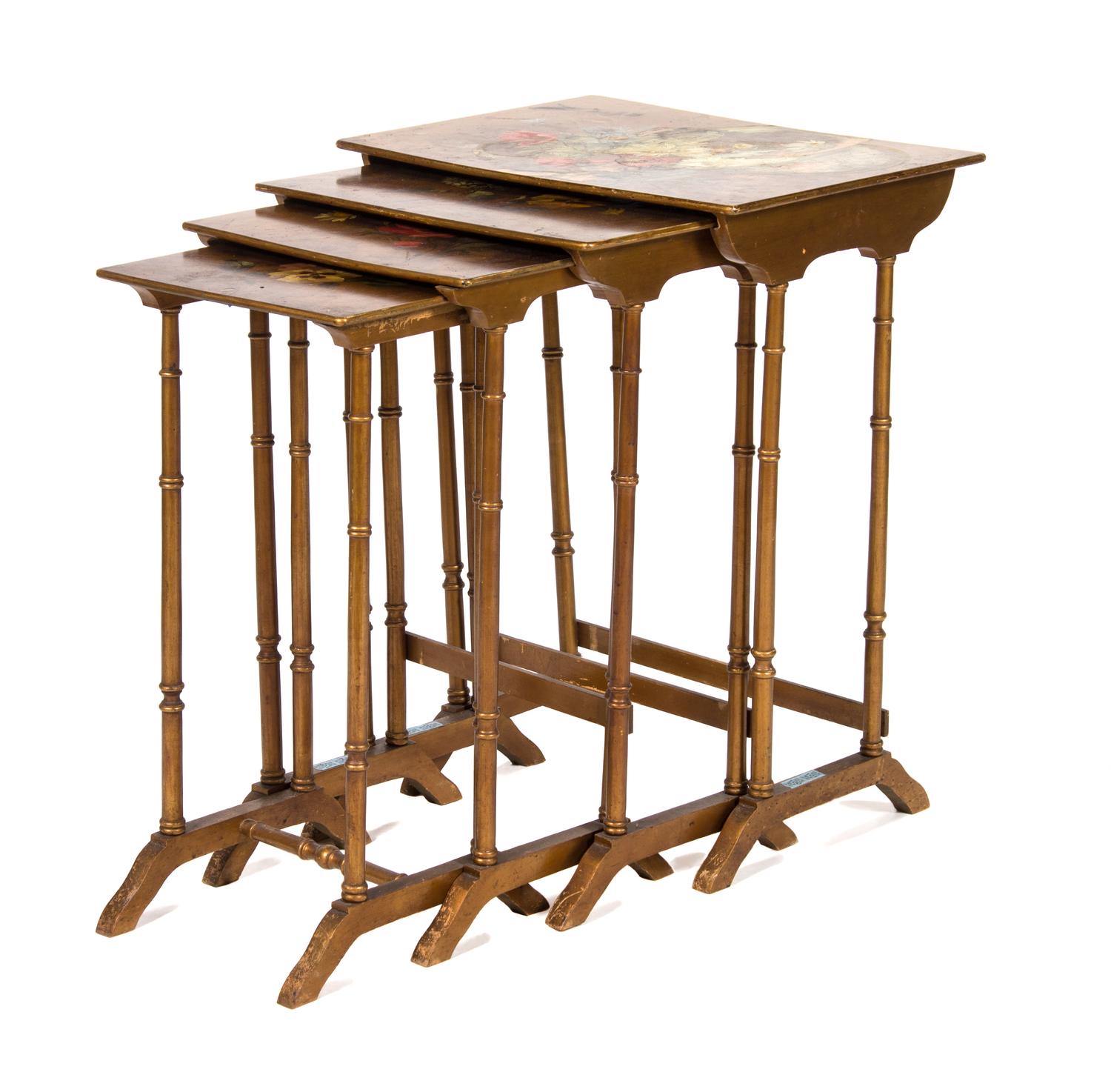 A Victorian Nest of Four Painted Gilt Tables Height of tallest 28 1/4 x width 21 3/4 x depth 15 3/4 inches. — 19TH CENTURY