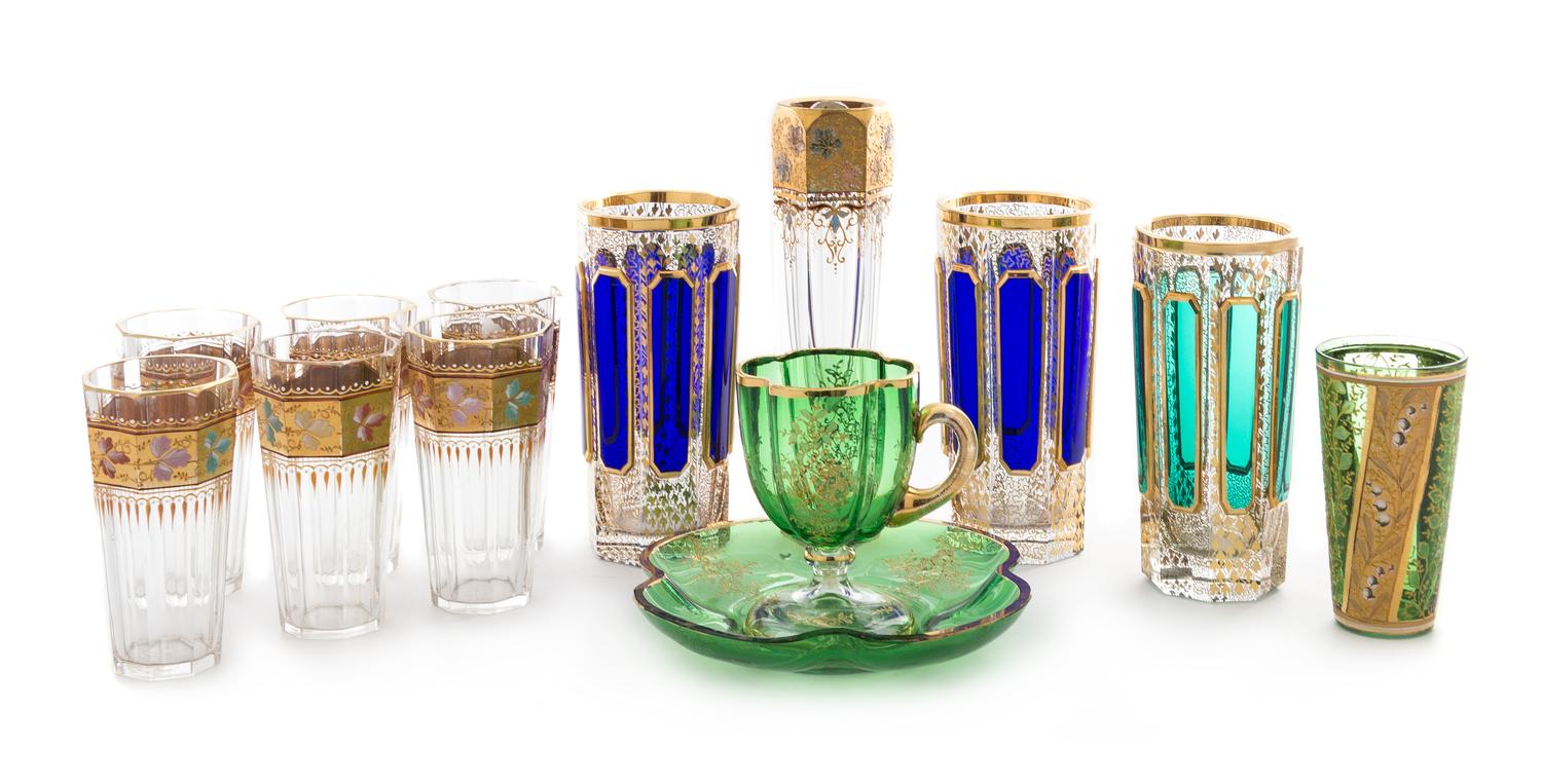 A Group of Gilt and Enameled Glass Articles Height of tallest 7 inches.