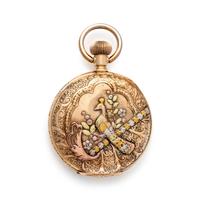WALTHAM, 14K TRICOLOR GOLD HUNTER CASE POCKET WATCH AND GOLD-FILLED FOB CHAIN