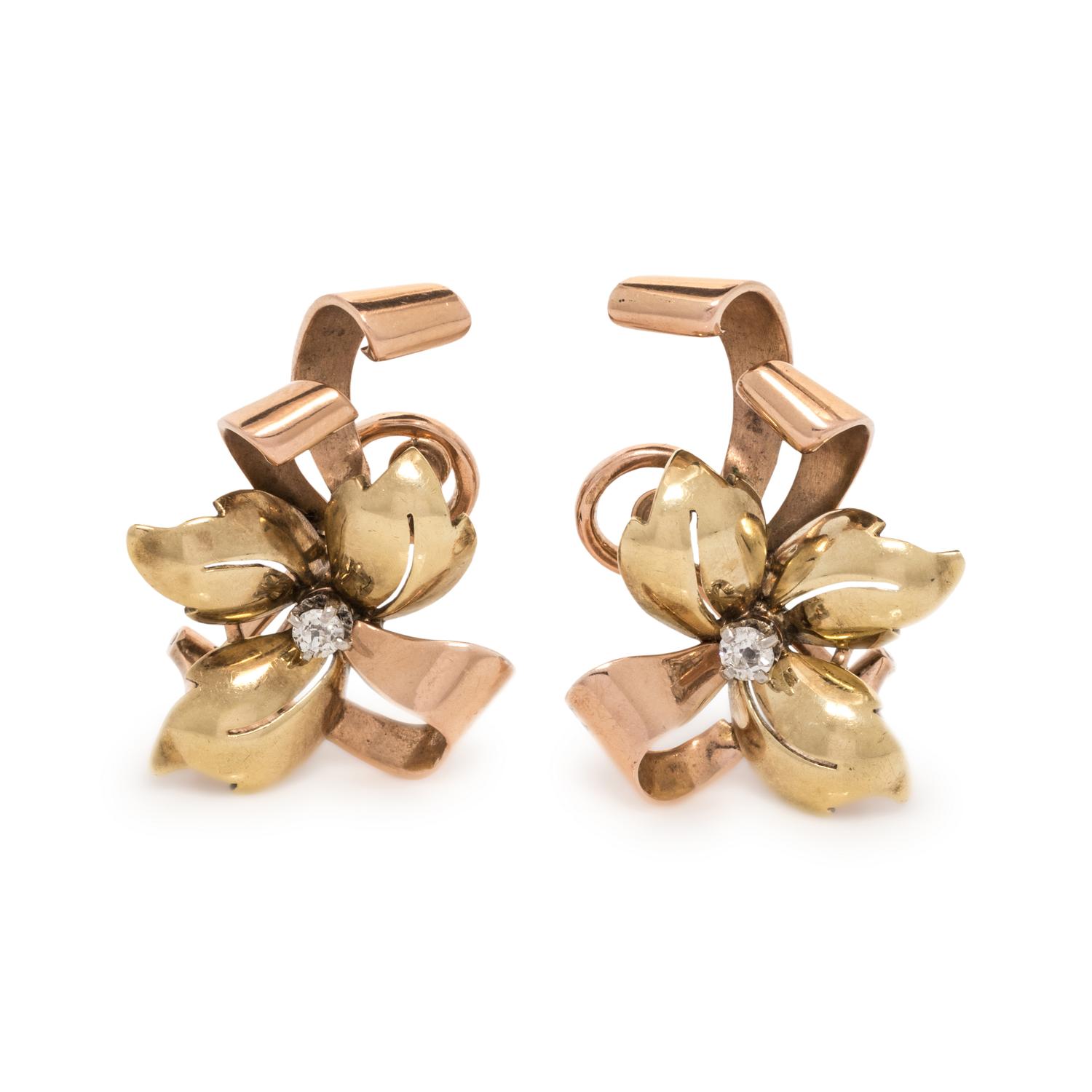 RETRO, BICOLOR GOLD AND DIAMOND FLOWER EARCLIPS