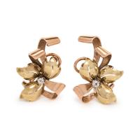 RETRO, BICOLOR GOLD AND DIAMOND FLOWER EARCLIPS