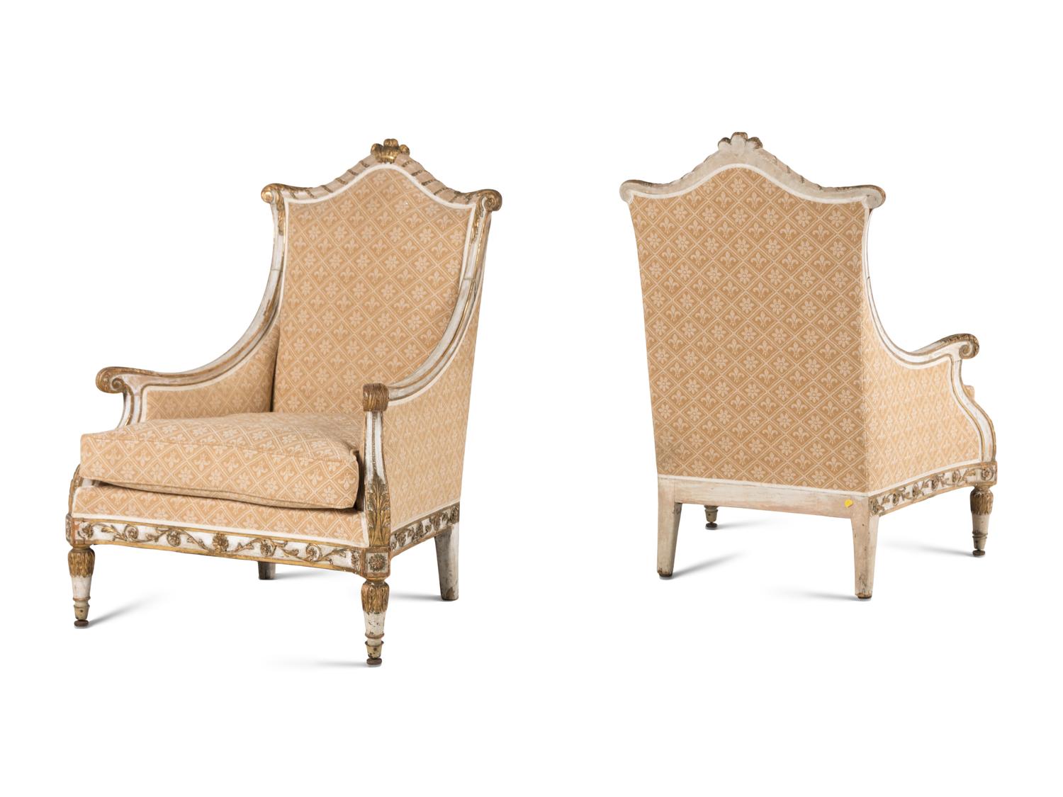 A Pair of Continental Painted and Parcel Gilt Bergères
