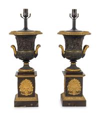 A Pair of Louis Phillippe Parcel-Gilt and Patinated Bronze Urns Mounted as Lamps