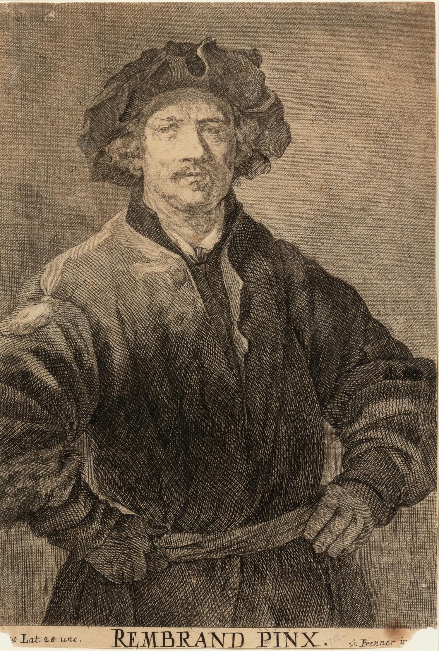A group of four European engravings depicting Rembrandt, John Calvin, Johann Frederick I, and an unknown sitter