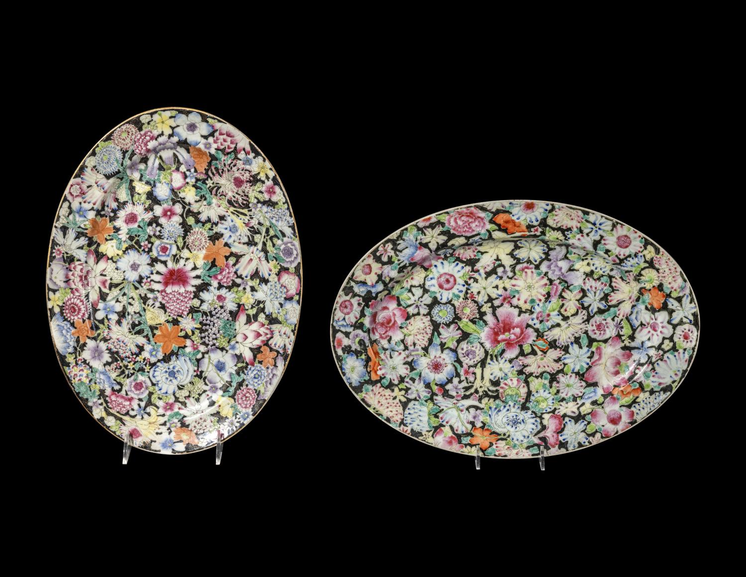 A Pair of Chinese Famille Rose 'Millefleur' Porcelain Oval Platters