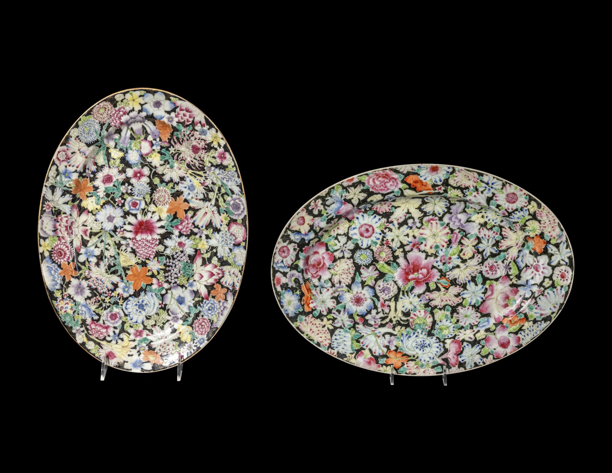 A Pair of Chinese Famille Rose 'Millefleur' Porcelain Oval Platters