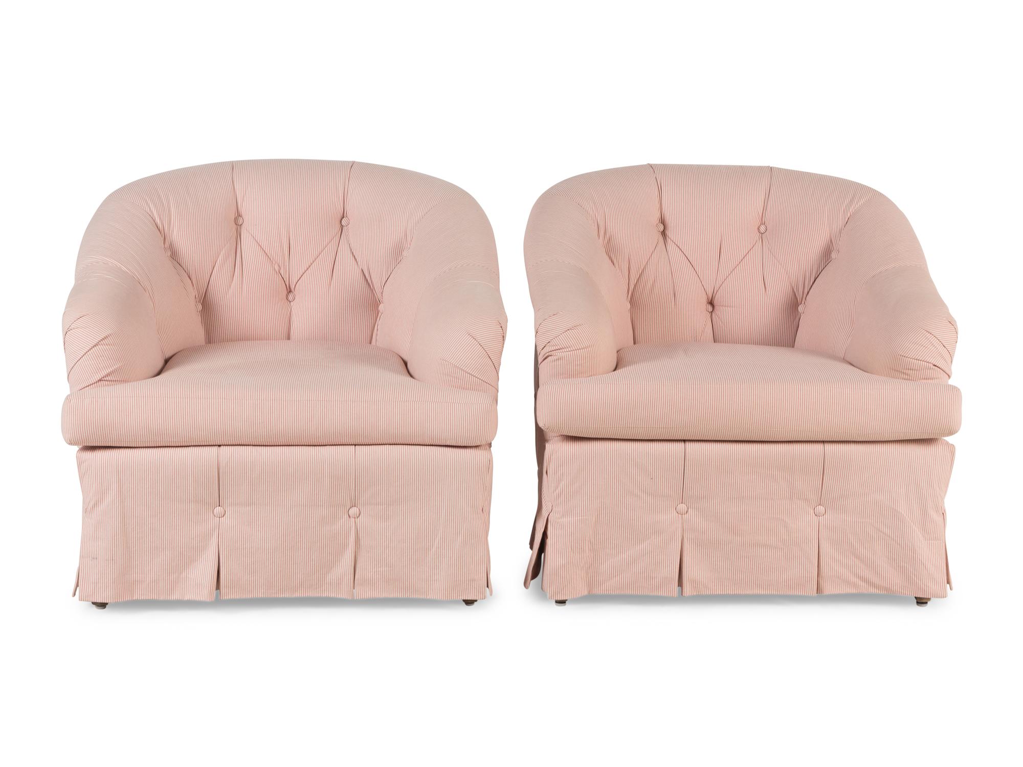 A Pair of Button-Tufted Barrel Back Armchairs