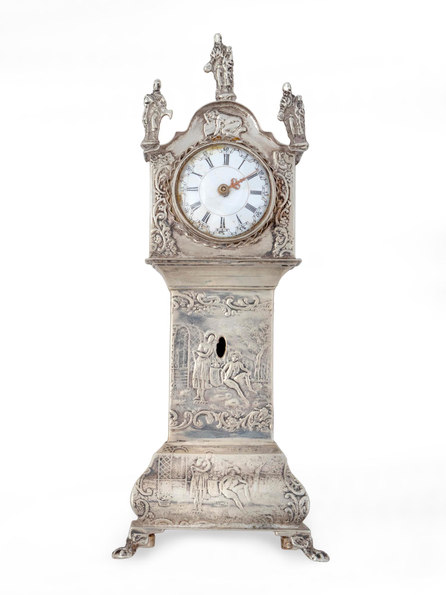 A Dutch Rococo Style Silver Miniature Longcase Clock — Late 19th/Early 20th Century
