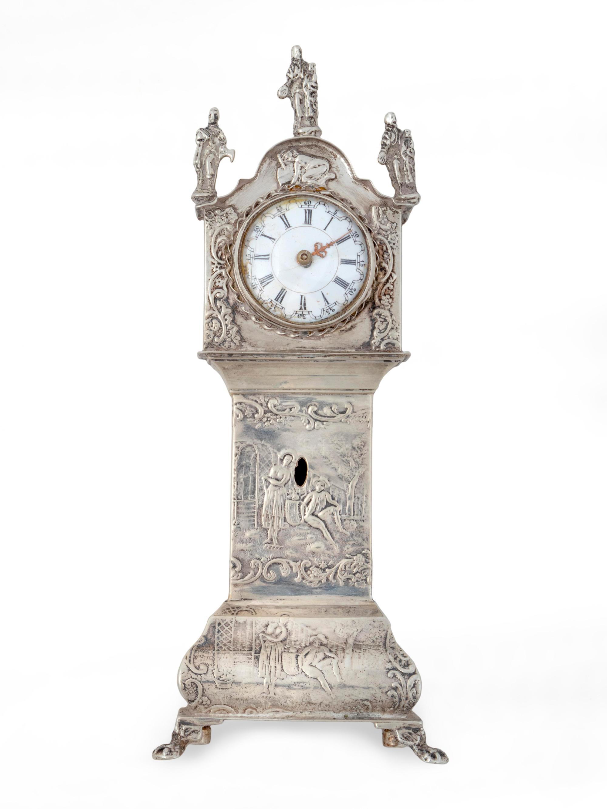 A Dutch Rococo Style Silver Miniature Longcase Clock — Late 19th/Early 20th Century