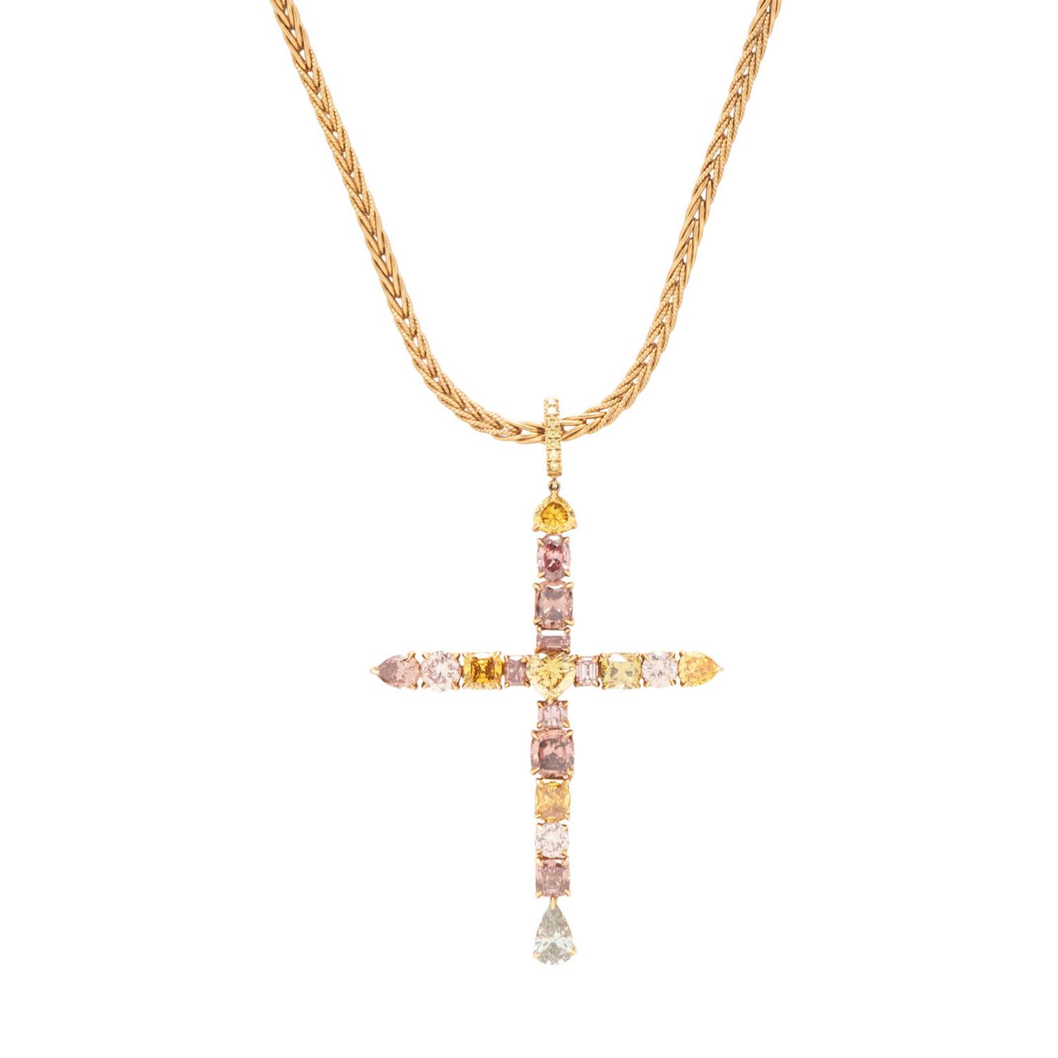 COLORED DIAMOND AND YELLOW GOLD CROSS PENDANT NECKLACE