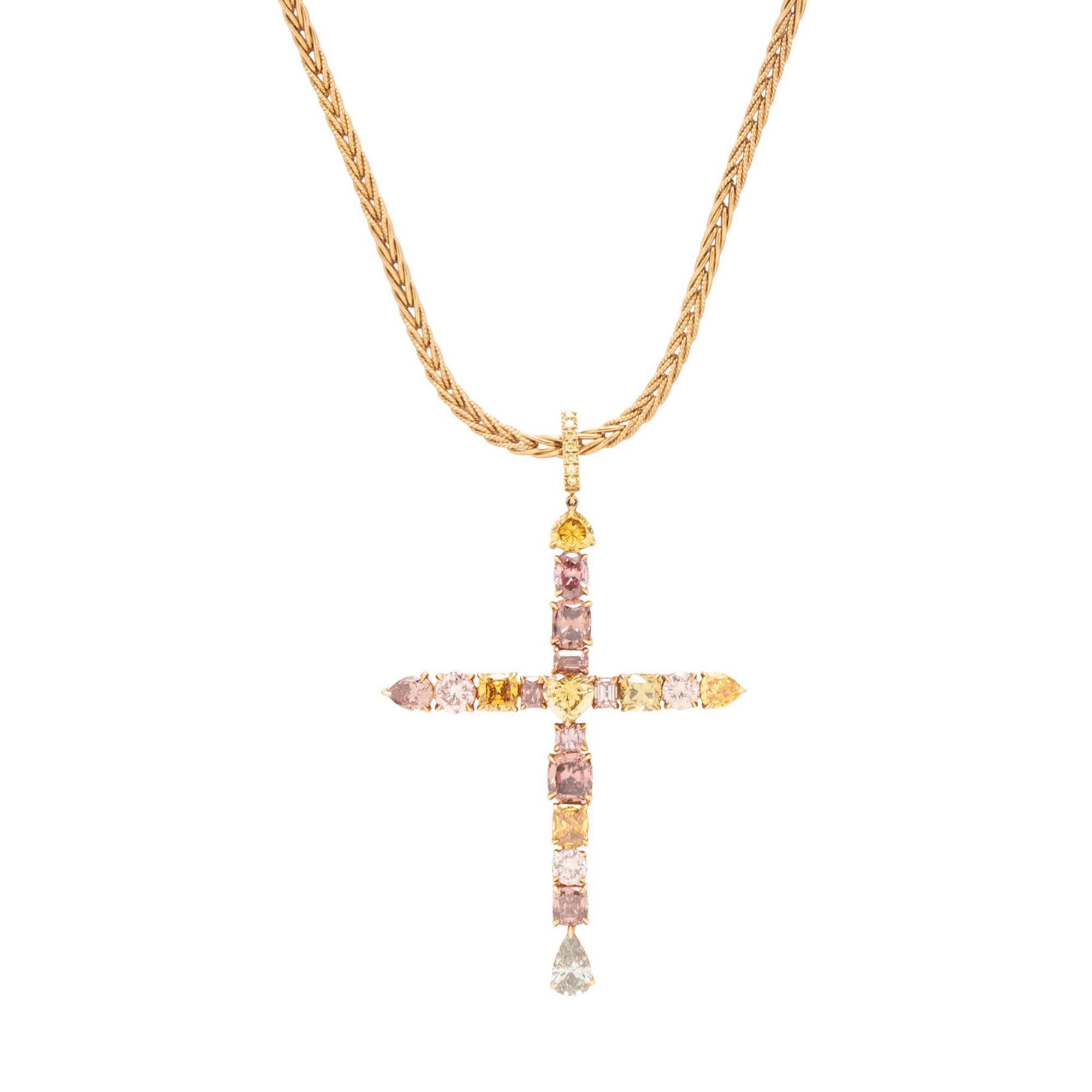 COLORED DIAMOND AND YELLOW GOLD CROSS PENDANT NECKLACE