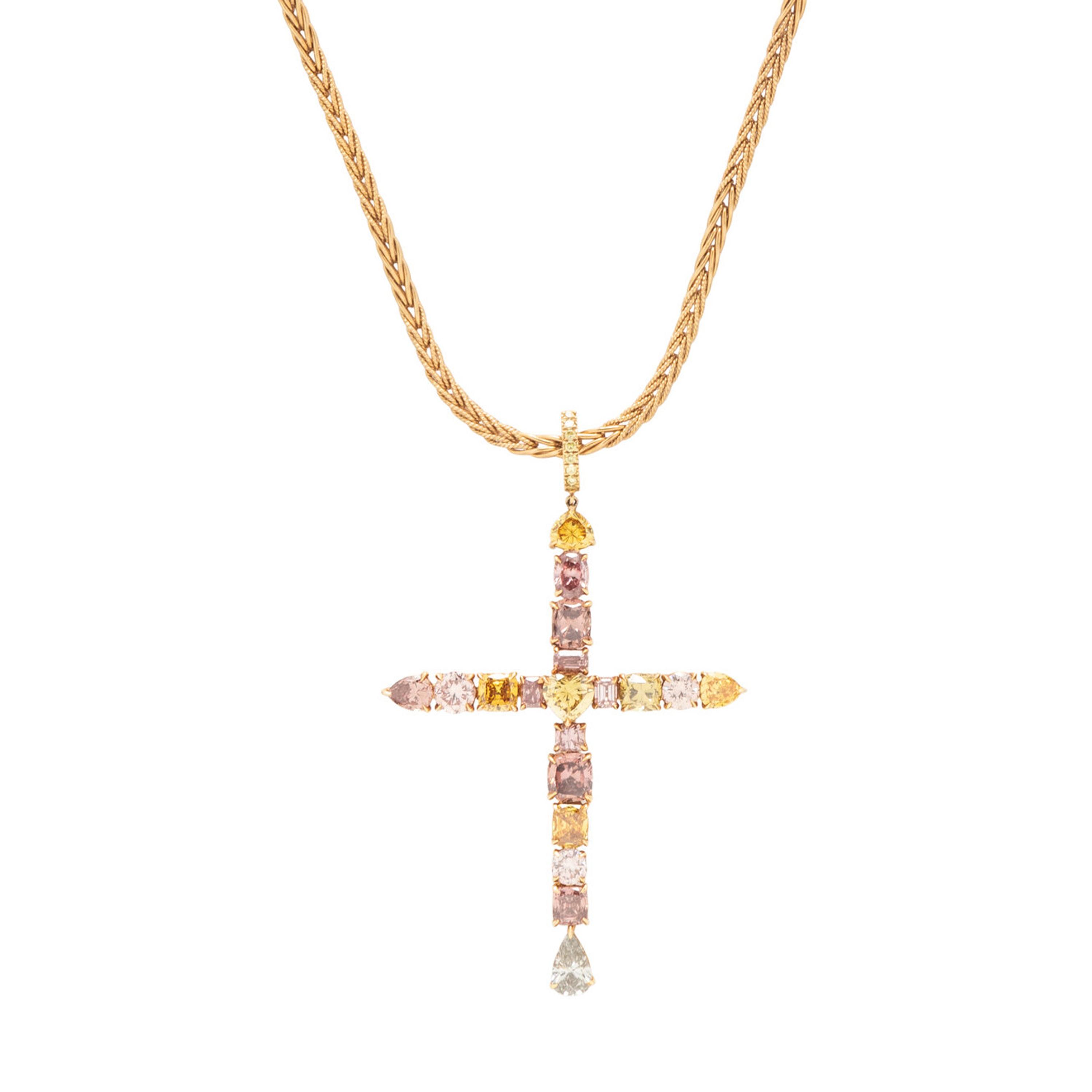 COLORED DIAMOND AND YELLOW GOLD CROSS PENDANT NECKLACE