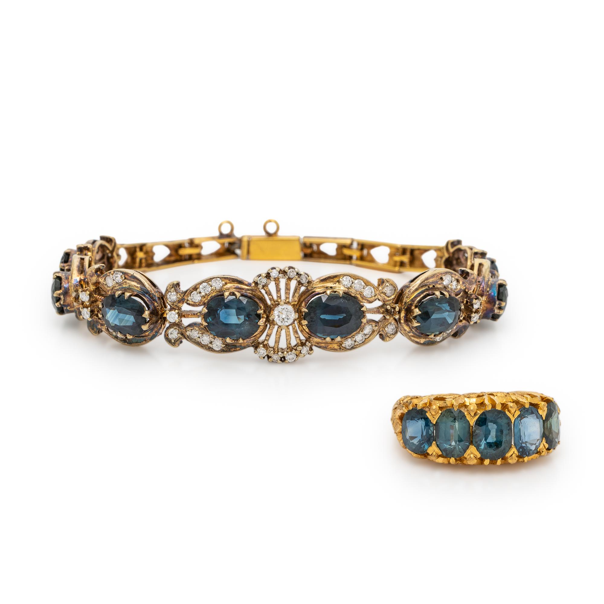 Sapphire, Diamond, and Yellow Gold Ring and Bracelet
